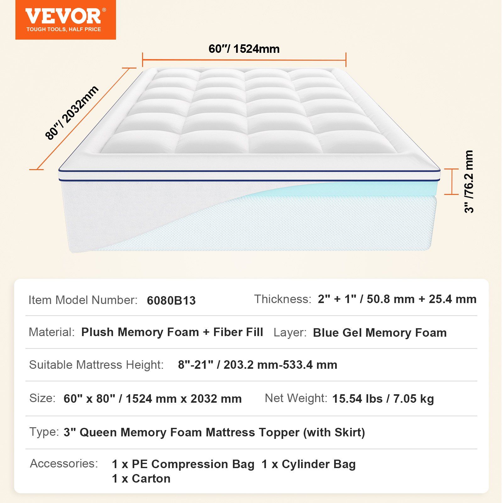 Mattress Topper, Queen Size, 76.2 mm Thickness, Memory Foam, Fiber Fill, Detachable & Washable, Ergonomically Designed for Pressure Relief, Comfortable Cooling & Breathable, for Hot Sleepers - Image 7