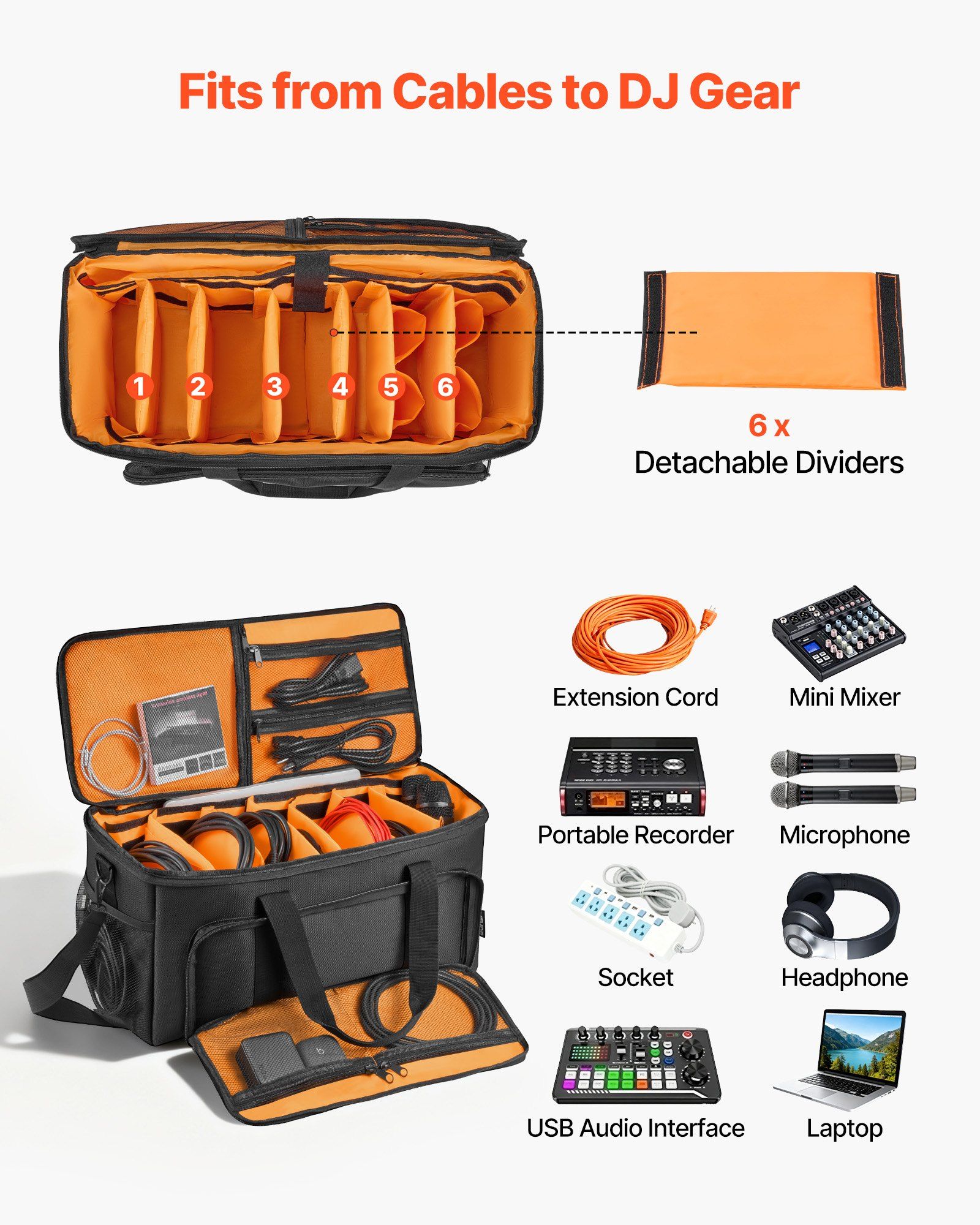 Rolling DJ Cable Bag, 1680D, Padded File Gig Bag with Wheels, 6 Detachable Divider, Travel Storage Music Gear Case, for Professional DJ Gear, Musical Instrument and Accessories, Sound Equipment - Image 2