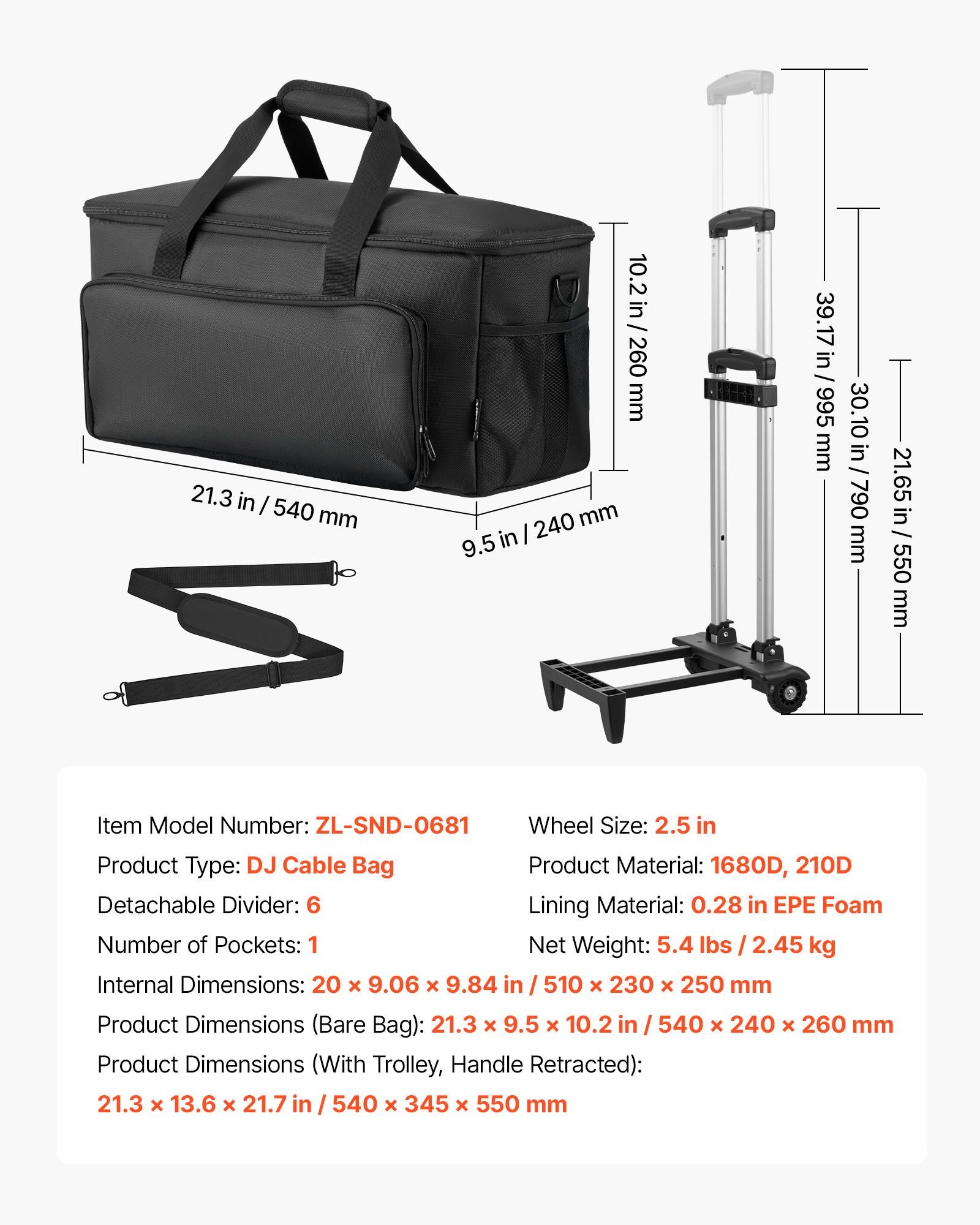 Rolling DJ Cable Bag, 1680D, Padded File Gig Bag with Wheels, 6 Detachable Divider, Travel Storage Music Gear Case, for Professional DJ Gear, Musical Instrument and Accessories, Sound Equipment - Image 7