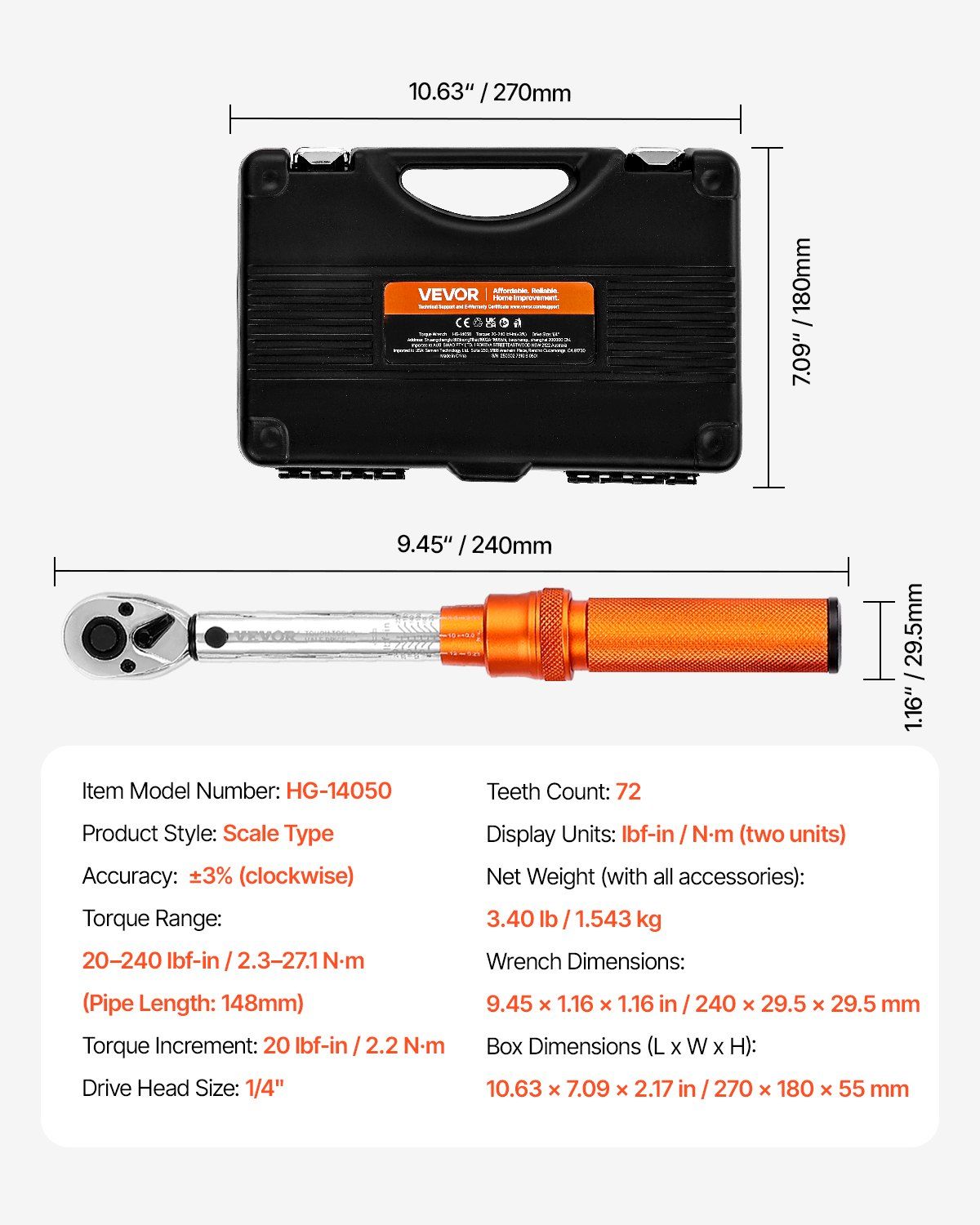 Click Torque Wrench Set, 1/4Inch Drive, 20-240 lbf-in / 2.3-27.1N.m, Dual-direction and Dual Range Scales, 72-Tooth, ±3% High Precision, with Bits, Sockets, Adapters, Extension Bar, Orange - Image 7