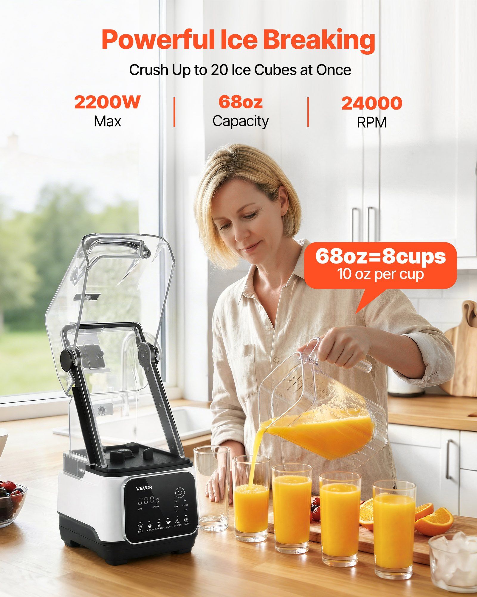 Blender, 2L Professional Countertop Blenders with Shield, 2200W 26000RPM Kitchen Food Processor Combo, Self-Cleaning, Speed Adjustable, 6 Preset Menu for Smoothies, Ice Crushing, Puree, White - Image 2