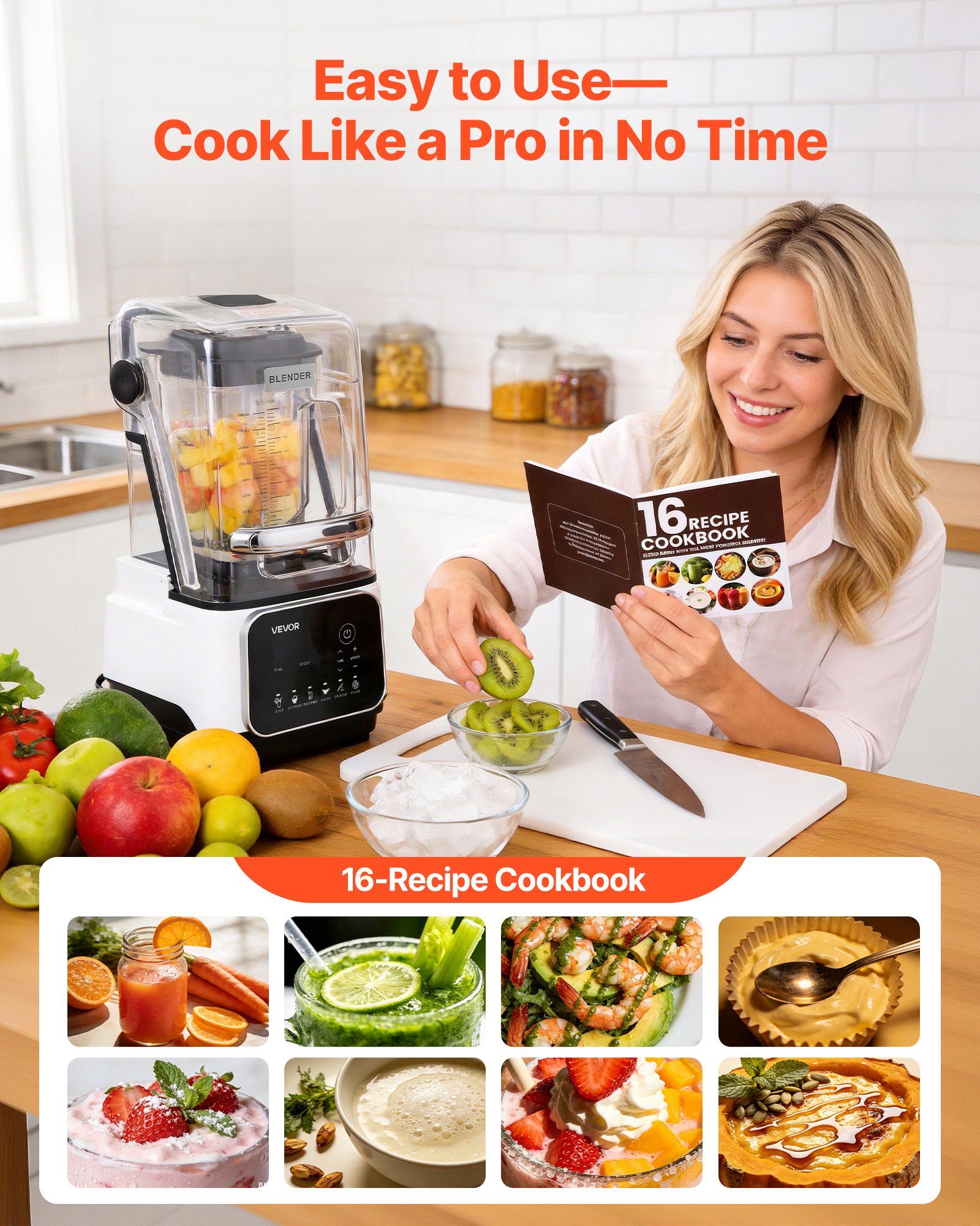 Blender, 2L Professional Countertop Blenders with Shield, 2200W 26000RPM Kitchen Food Processor Combo, Self-Cleaning, Speed Adjustable, 6 Preset Menu for Smoothies, Ice Crushing, Puree, White - Image 5