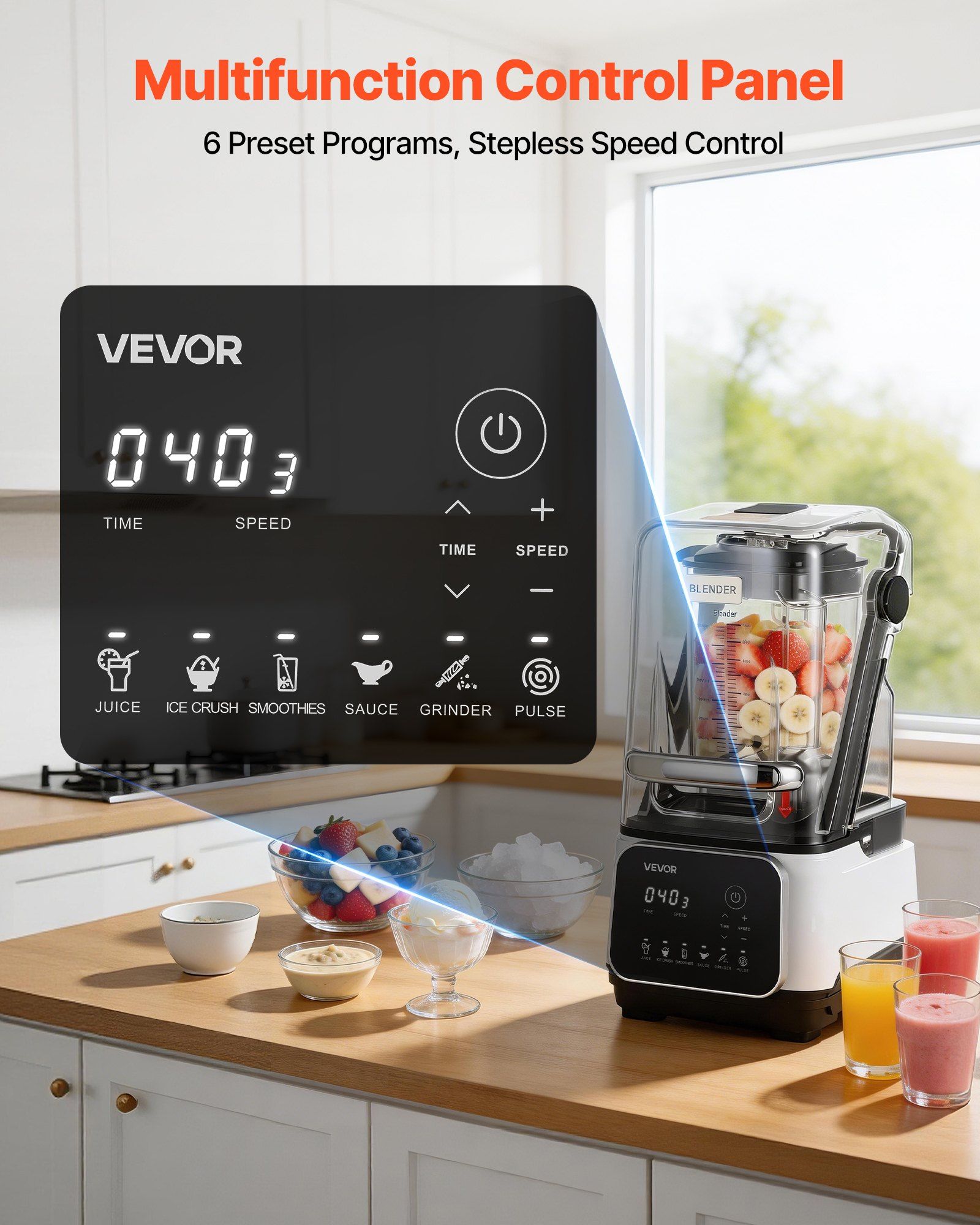 Blender, 2L Professional Countertop Blenders with Shield, 2200W 26000RPM Kitchen Food Processor Combo, Self-Cleaning, Speed Adjustable, 6 Preset Menu for Smoothies, Ice Crushing, Puree, White - Image 6
