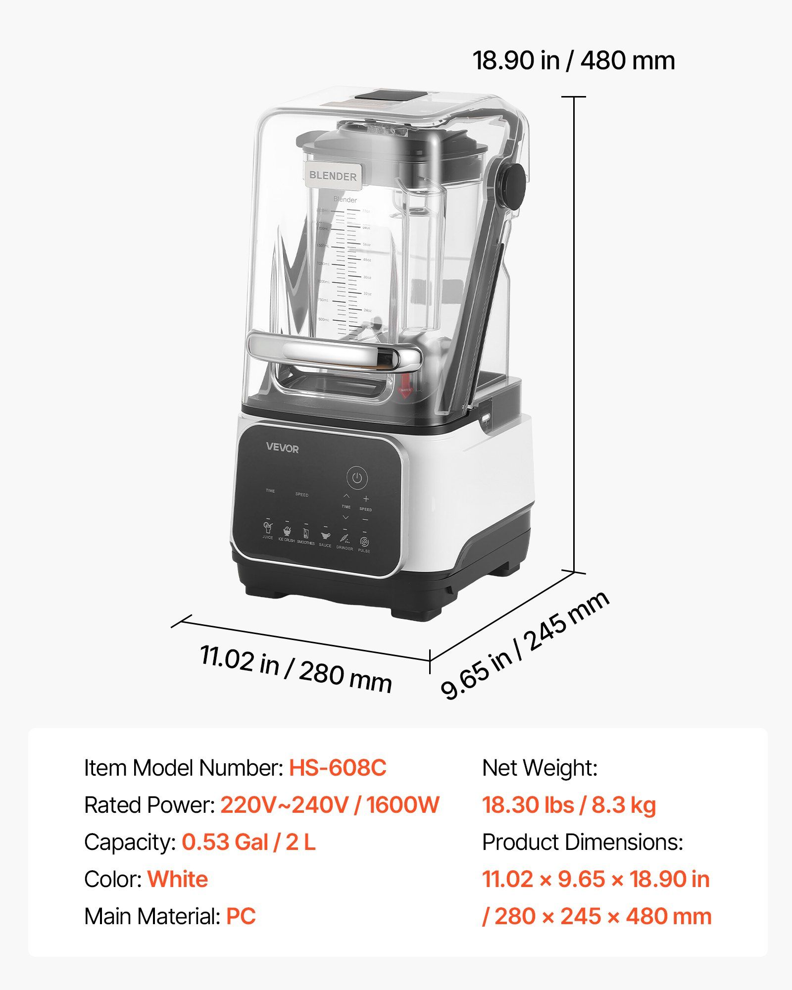 Blender, 2L Professional Countertop Blenders with Shield, 2200W 26000RPM Kitchen Food Processor Combo, Self-Cleaning, Speed Adjustable, 6 Preset Menu for Smoothies, Ice Crushing, Puree, White - Image 7
