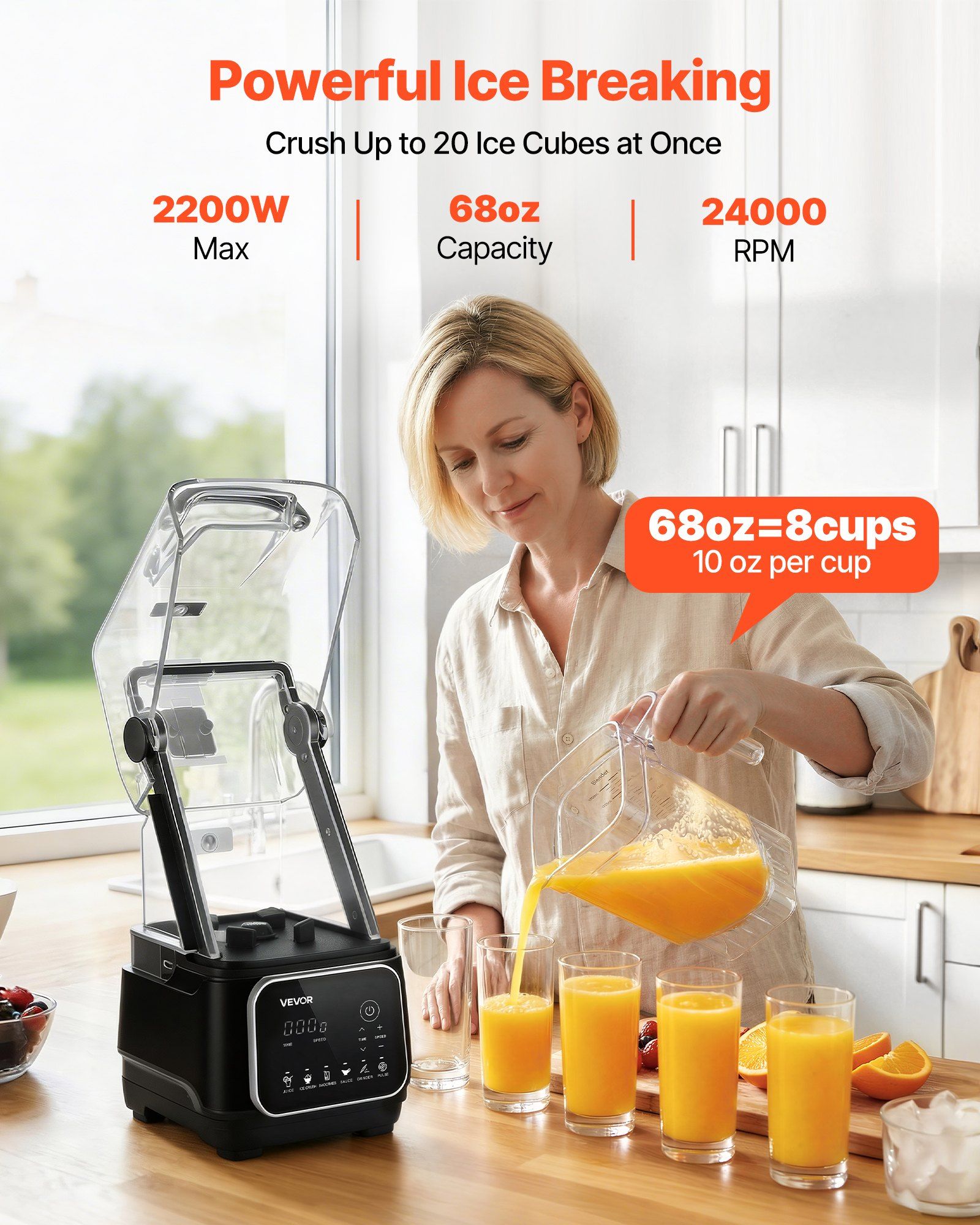 Blender, 2L Professional Countertop Blenders with Shield, 2200W 26000RPM Kitchen Food Processor Combo, Self-Cleaning, Speed Adjustable, 6 Preset Menu for Smoothies, Ice Crushing, Puree, Black - Image 2