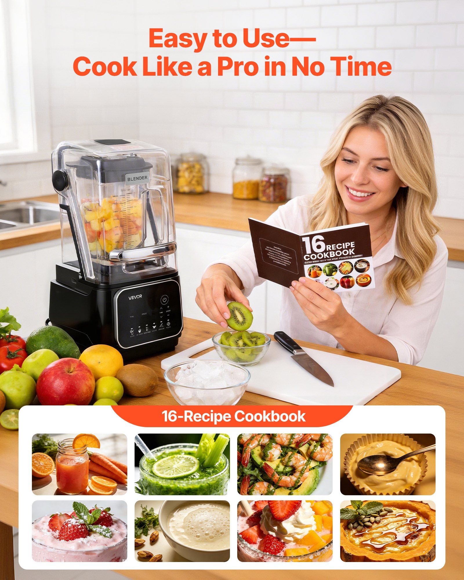 Blender, 2L Professional Countertop Blenders with Shield, 2200W 26000RPM Kitchen Food Processor Combo, Self-Cleaning, Speed Adjustable, 6 Preset Menu for Smoothies, Ice Crushing, Puree, Black - Image 5