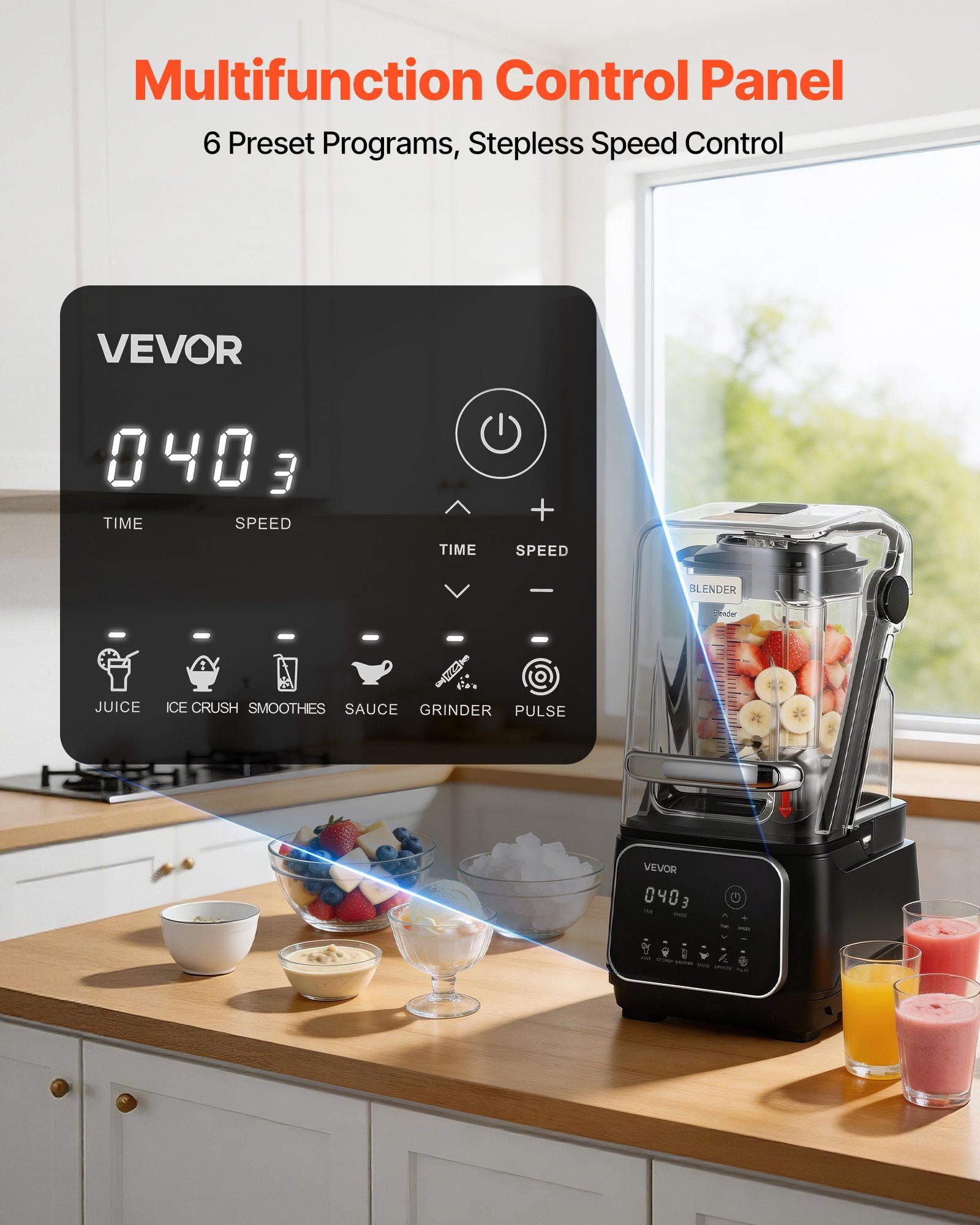 Blender, 2L Professional Countertop Blenders with Shield, 2200W 26000RPM Kitchen Food Processor Combo, Self-Cleaning, Speed Adjustable, 6 Preset Menu for Smoothies, Ice Crushing, Puree, Black - Image 6