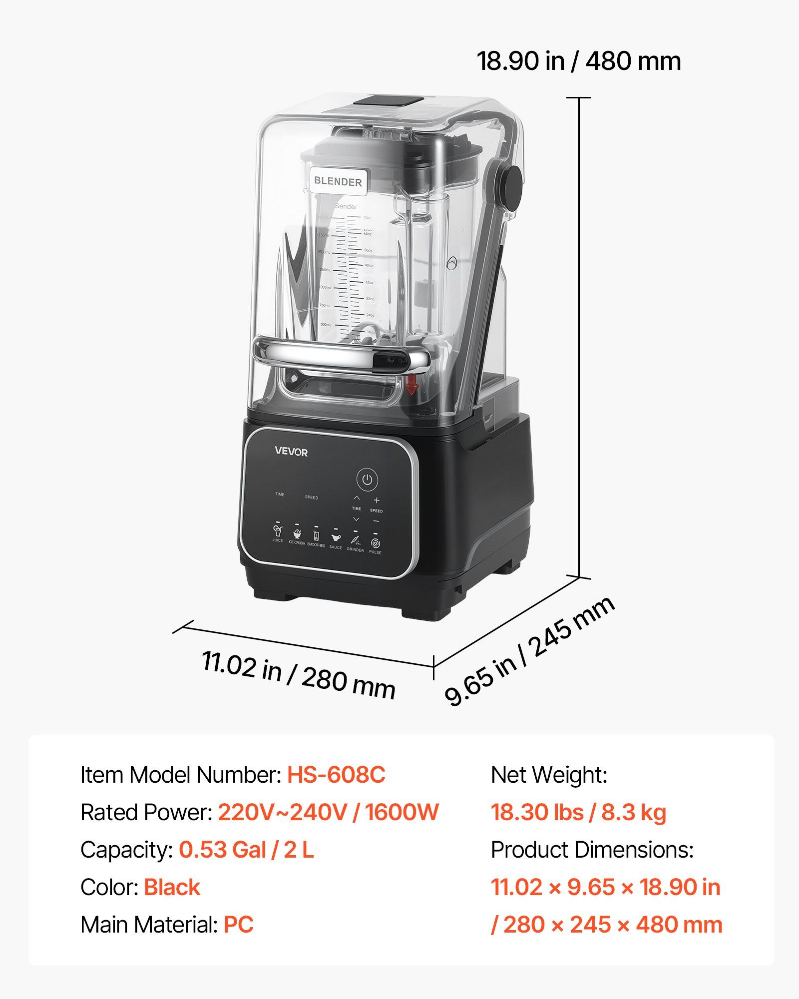 Blender, 2L Professional Countertop Blenders with Shield, 2200W 26000RPM Kitchen Food Processor Combo, Self-Cleaning, Speed Adjustable, 6 Preset Menu for Smoothies, Ice Crushing, Puree, Black - Image 7