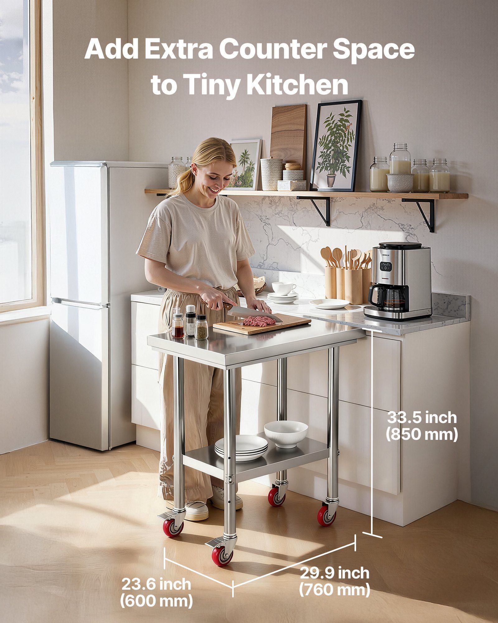 Stainless Steel Table, 60 x 76 cm Food Prep Worktable with Wheels, Kitchen Prep Table with Adjustable Undershelf Workstations for Commercial Kitchen, Restaurant, Hotel and Garage, Outdoor - Image 2