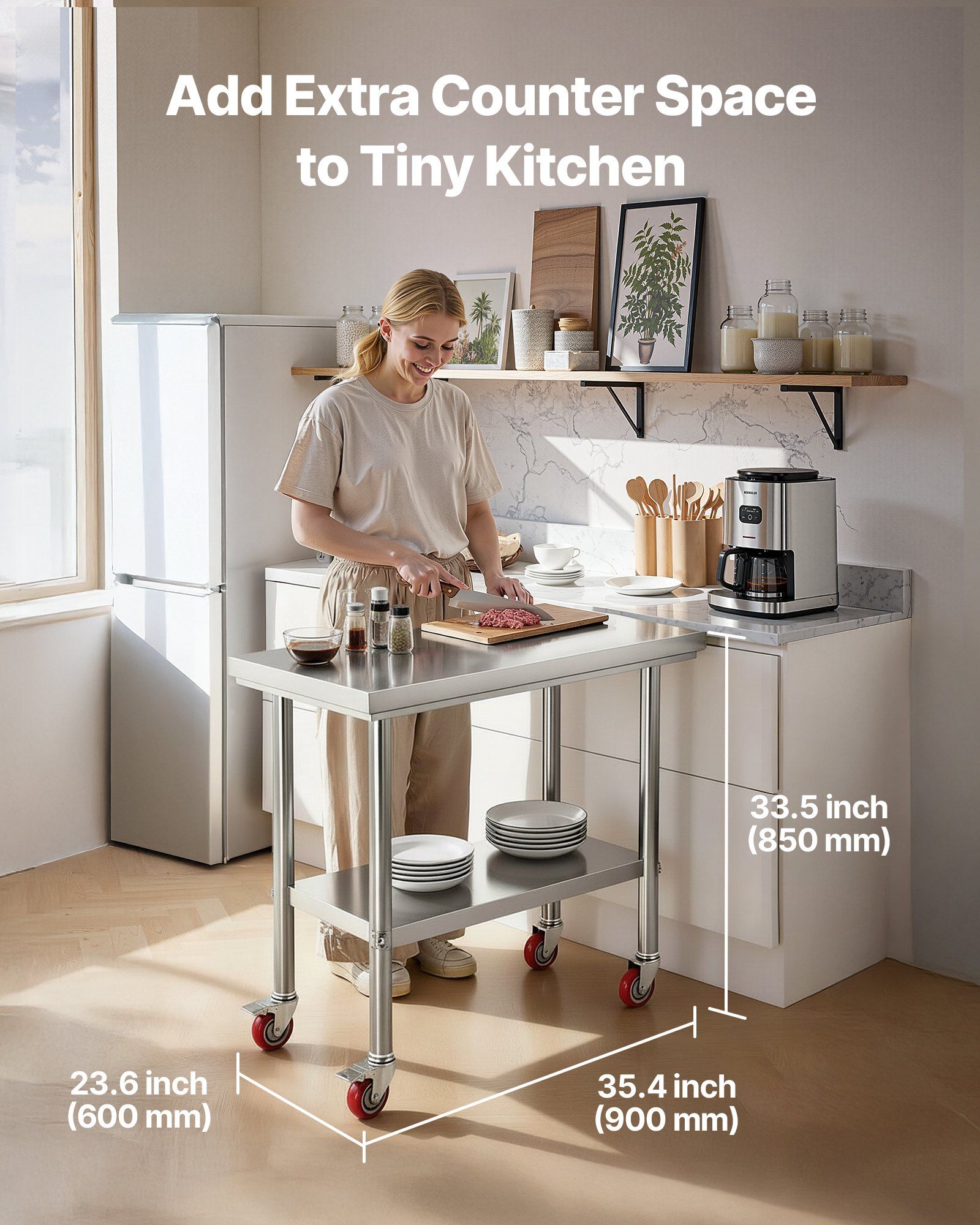Stainless Steel Table, 60 x 90 cm Food Prep Worktable with Wheels, Kitchen Prep Table with Adjustable Undershelf Workstations for Commercial Kitchen, Restaurant, Hotel and Garage, Outdoor - Image 2