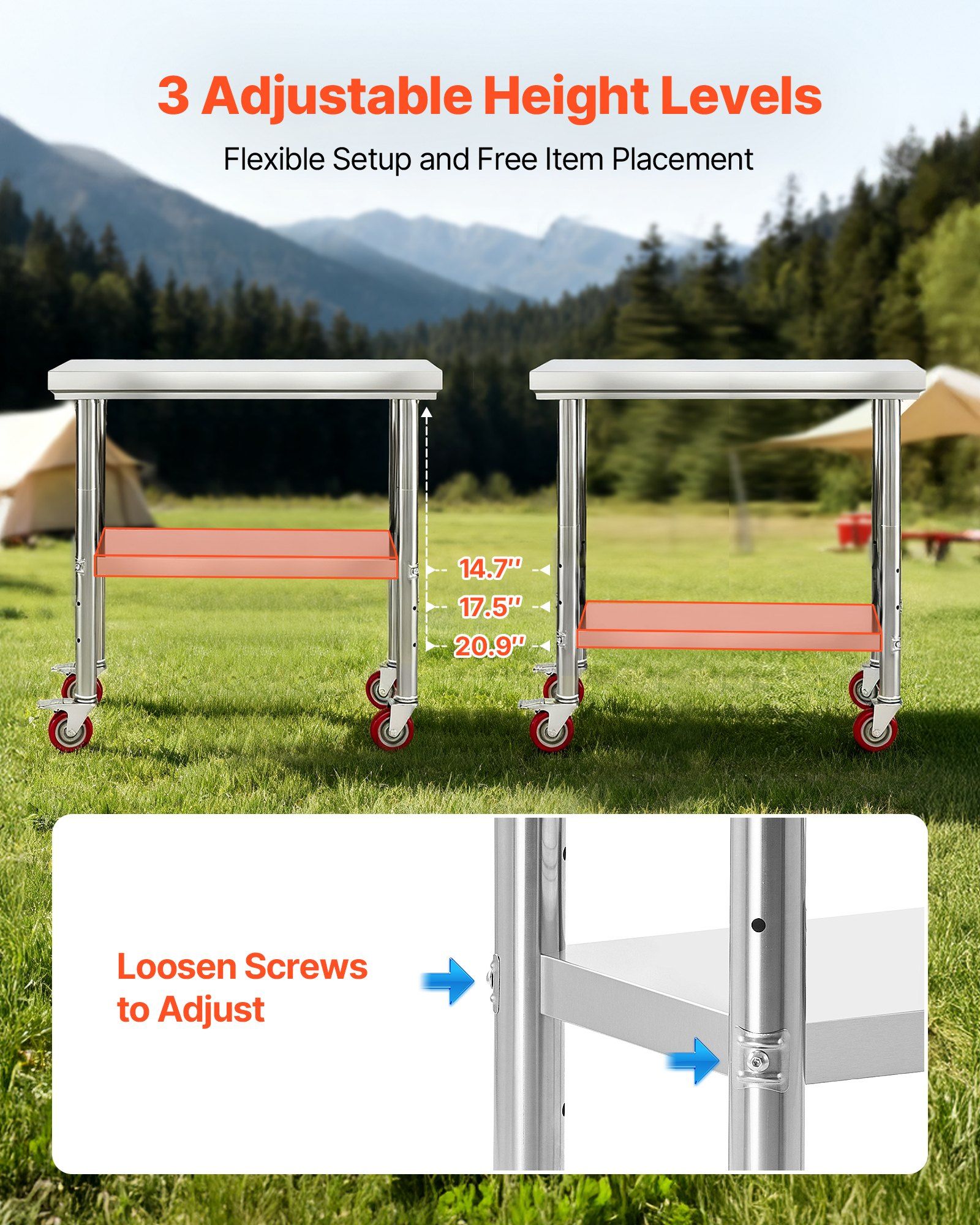 Stainless Steel Table, 60 x 90 cm Food Prep Worktable with Wheels, Kitchen Prep Table with Adjustable Undershelf Workstations for Commercial Kitchen, Restaurant, Hotel and Garage, Outdoor - Image 6