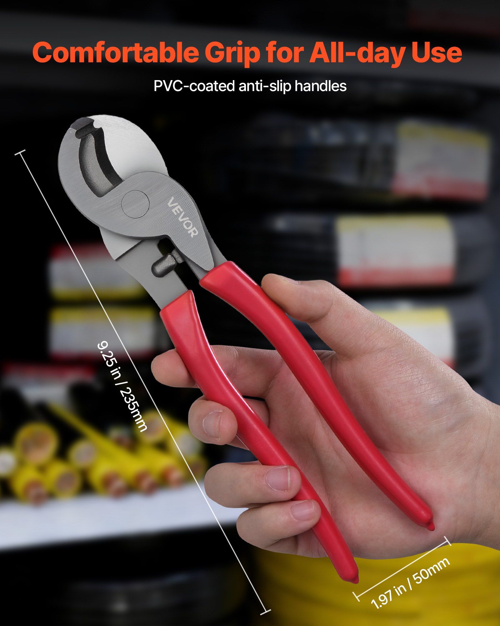 High Leverage Cable Cutter, 235 mm Compact, Forged Blades and PVC-Coated Handles, Heavy Duty Cable Cutting Pliers Tool for 4/0 AWG Aluminum, 2/0 AWG Soft Copper and 100-Pair 24AWG Comm Cable - Image 4