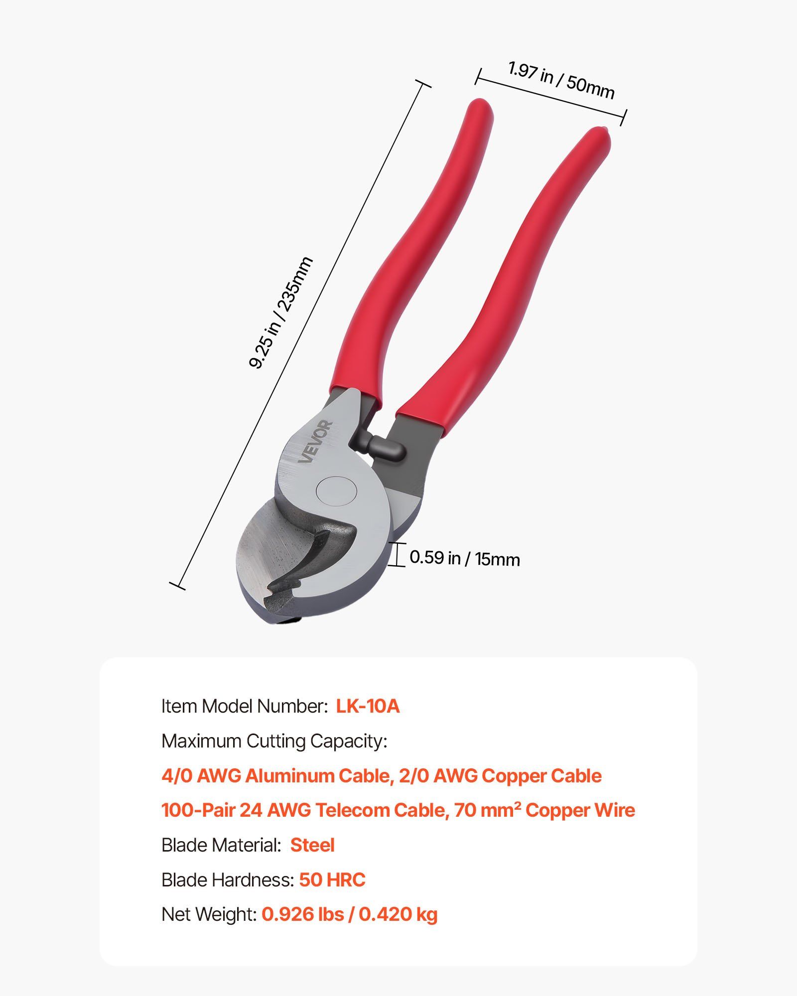 High Leverage Cable Cutter, 235 mm Compact, Forged Blades and PVC-Coated Handles, Heavy Duty Cable Cutting Pliers Tool for 4/0 AWG Aluminum, 2/0 AWG Soft Copper and 100-Pair 24AWG Comm Cable - Image 7