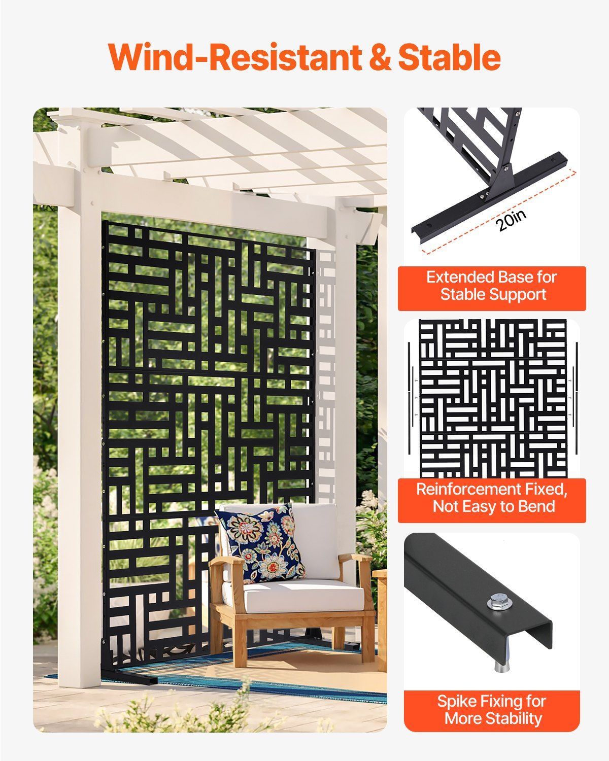 Metal Privacy Screen, 120 x 193cm, Outdoor Privacy Screens 3-Panel, Freestanding Outdoor Divider with Stand, Decorative Garden Steel Privacy Fence for Balcony Patio Indoor Room Hot Tub Black - Image 3