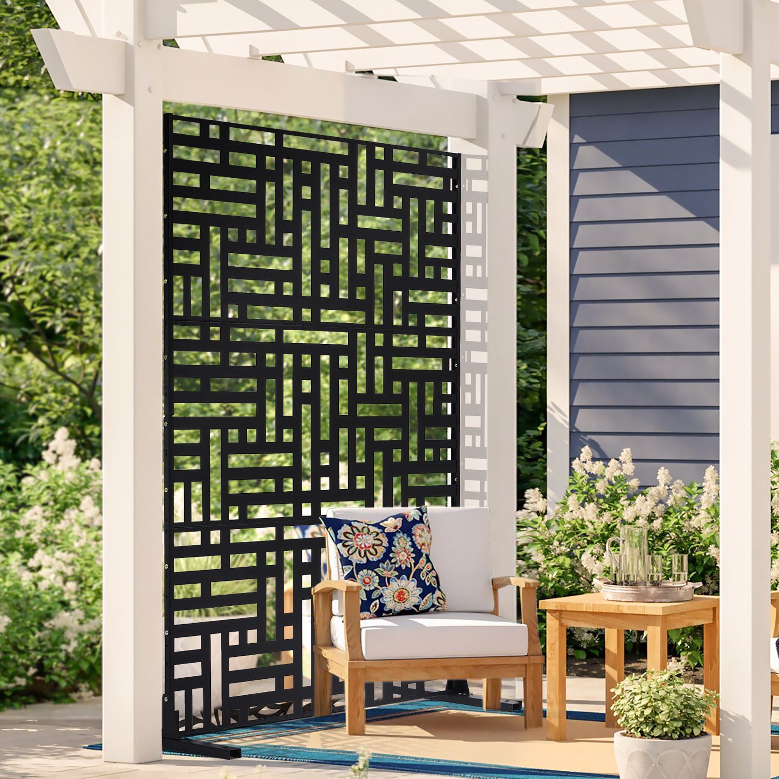 Metal Privacy Screen, 120 x 193cm, Outdoor Privacy Screens 3-Panel, Freestanding Outdoor Divider with Stand, Decorative Garden Steel Privacy Fence for Balcony Patio Indoor Room Hot Tub Black - Image 8
