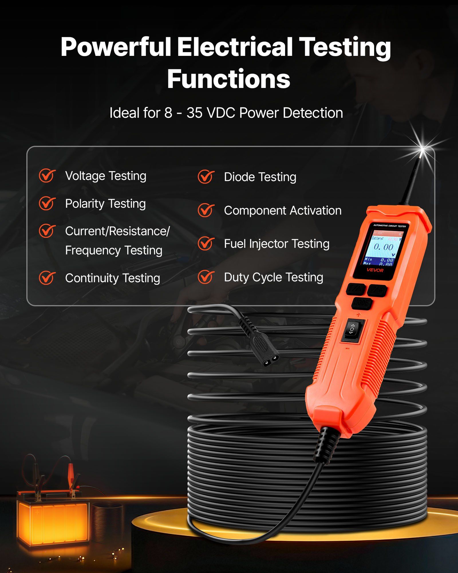Automotive Circuit Tester, 8 - 35 DCV Power Circuit Probe Tester with TFT Color Display and Lighting, Automotive Power Tester Probe with 19.7 ft / 6 m Cable, 2-in-1 Electrical Detector Finder - Image 2
