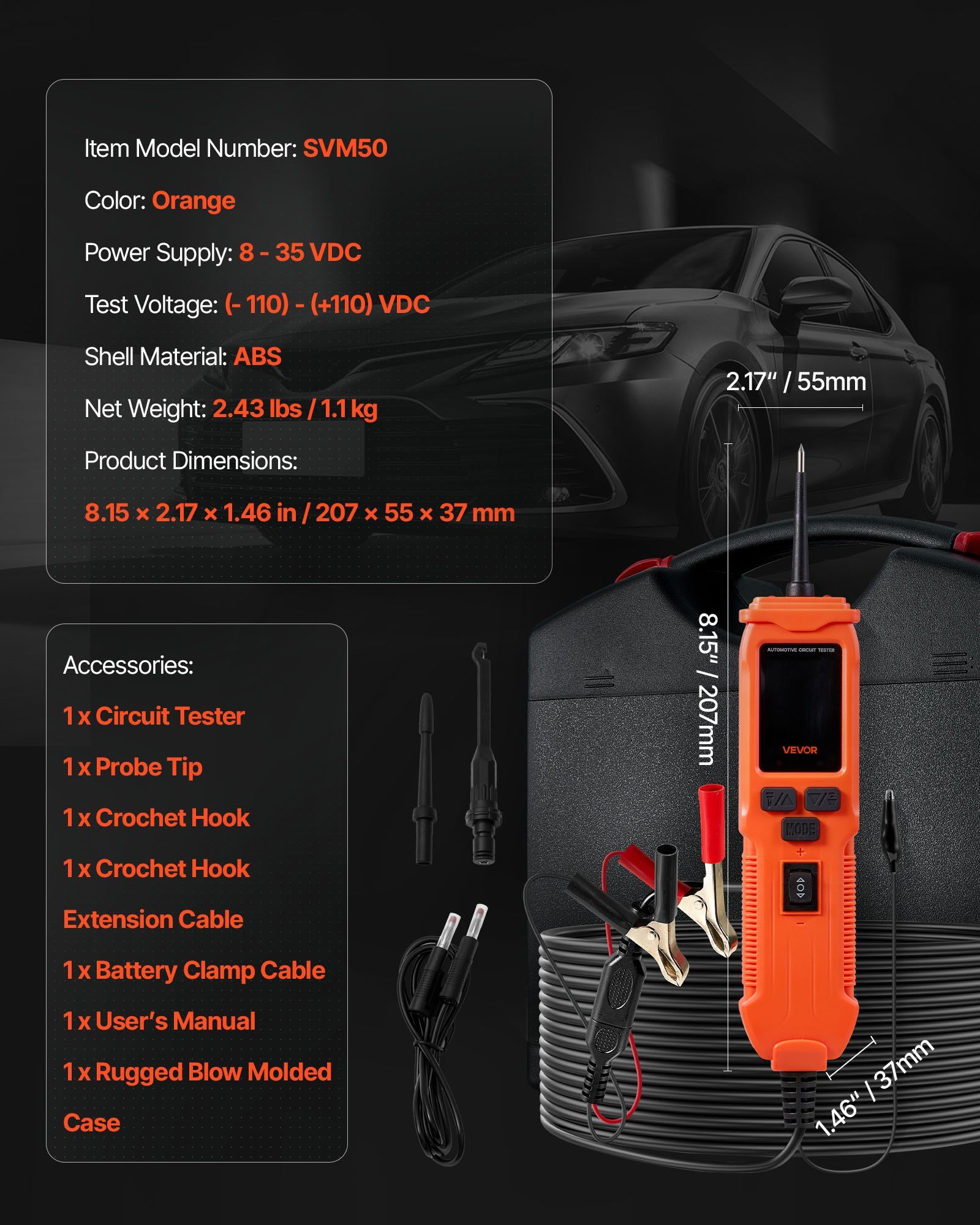 Automotive Circuit Tester, 8 - 35 DCV Power Circuit Probe Tester with TFT Color Display and Lighting, Automotive Power Tester Probe with 19.7 ft / 6 m Cable, 2-in-1 Electrical Detector Finder - Image 7