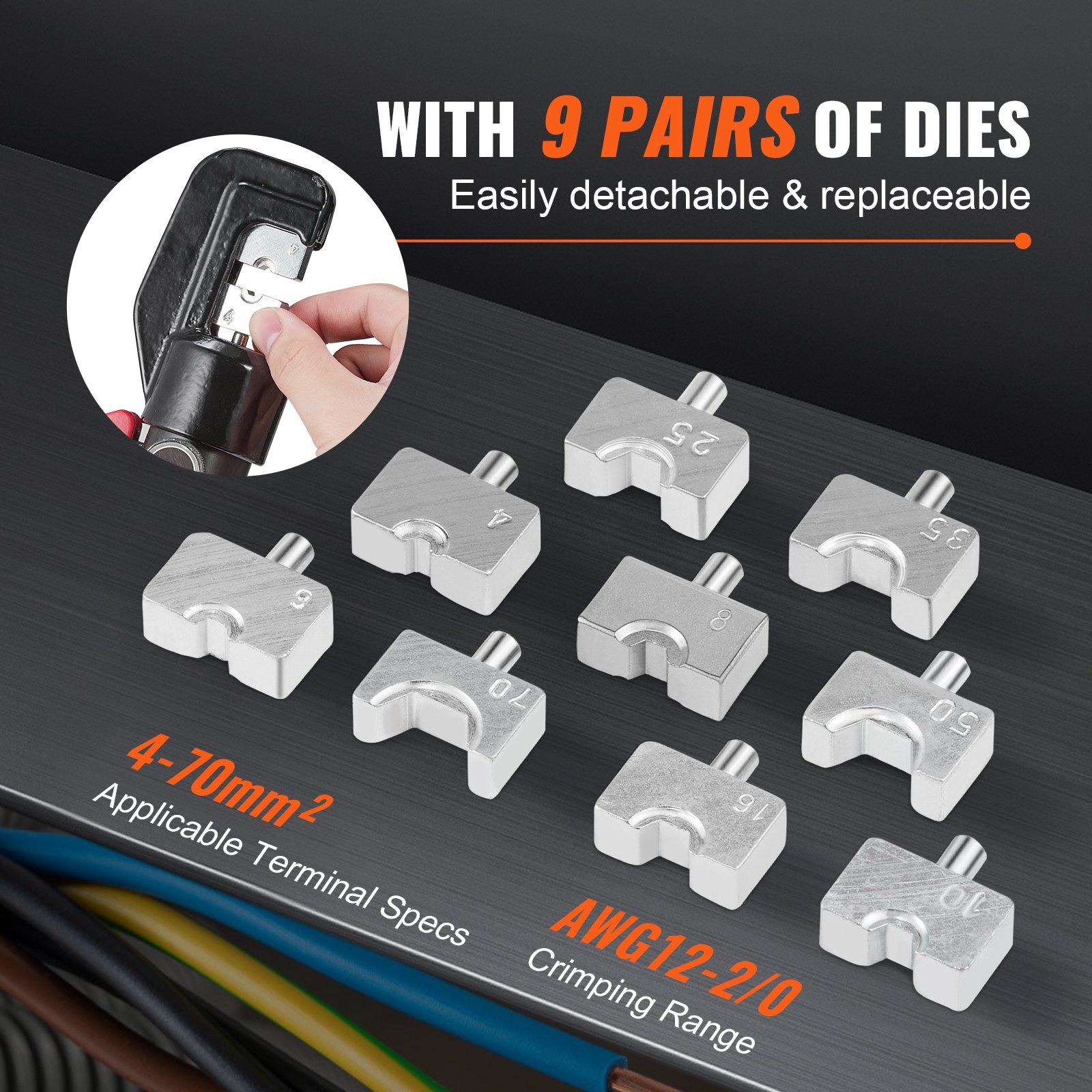 Hydraulic Crimping Tool with 9 Sets of Dies AWG12-2/0 Copper And Aluminum Terminal Battery Lug Crimper, with a Cutting Pliers, Gloves, 5pcs Copper Ring Connectors, 8pcs Heat Shrink Sleeves - Image 3