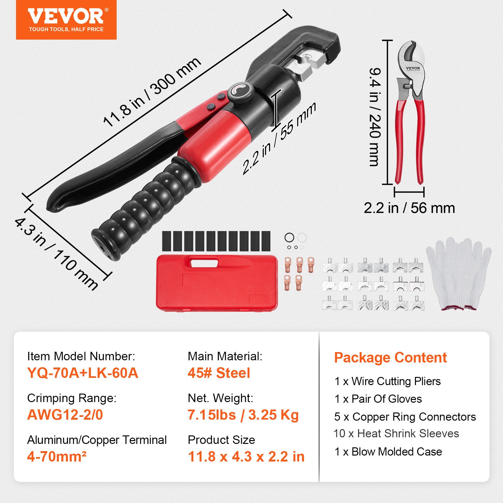 Hydraulic Crimping Tool with 9 Sets of Dies AWG12-2/0 Copper And Aluminum Terminal Battery Lug Crimper, with a Cutting Pliers, Gloves, 5pcs Copper Ring Connectors, 8pcs Heat Shrink Sleeves - Image 7