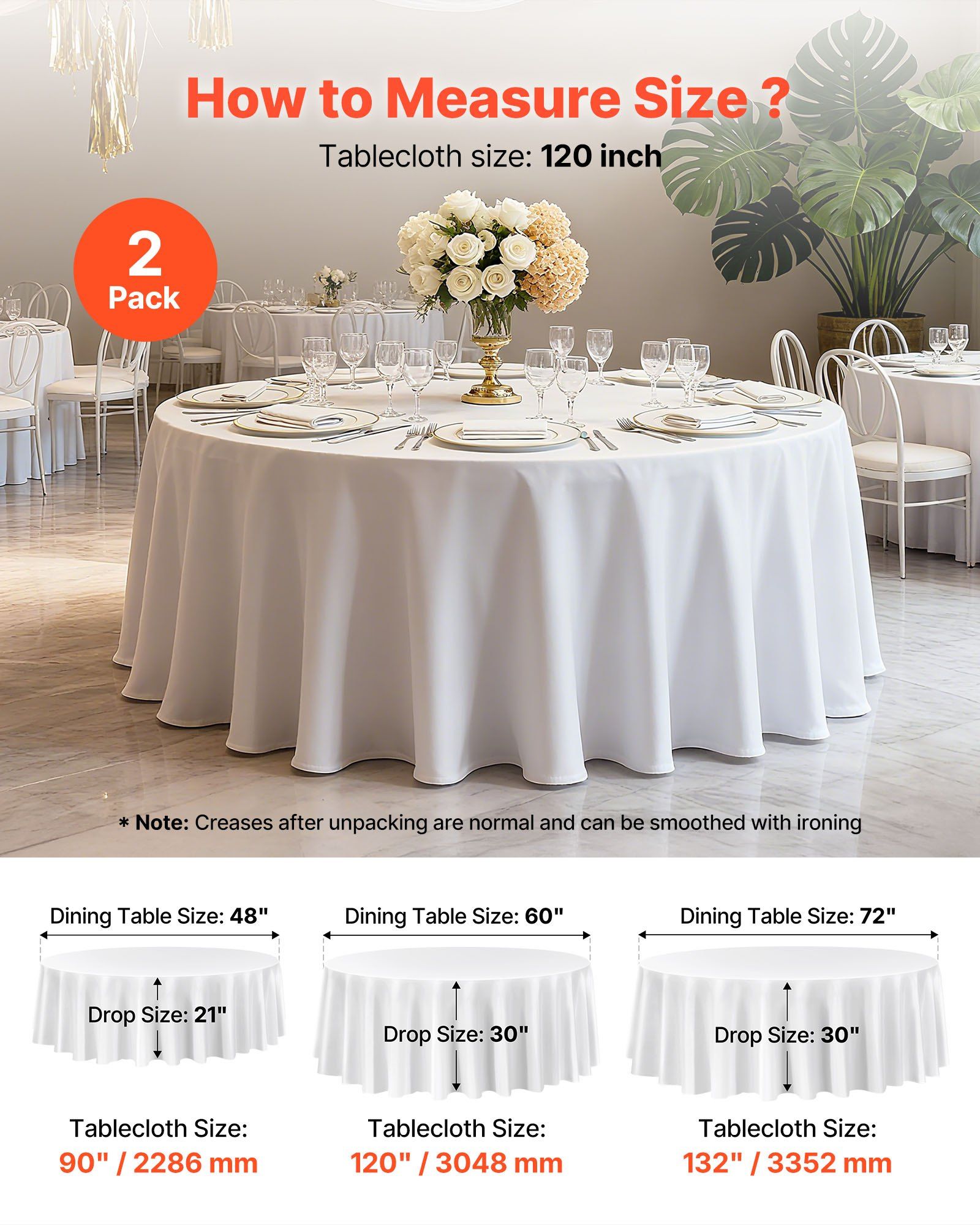 White Round Tablecloths 2 Pack, 120 Inches in Diameter, Stain- & Wrinkle- Resistant, Machine Washable Table Clothes, Polyester Fabric Table Covers for Wedding, Party, Banquet, Formal Events - Image 5