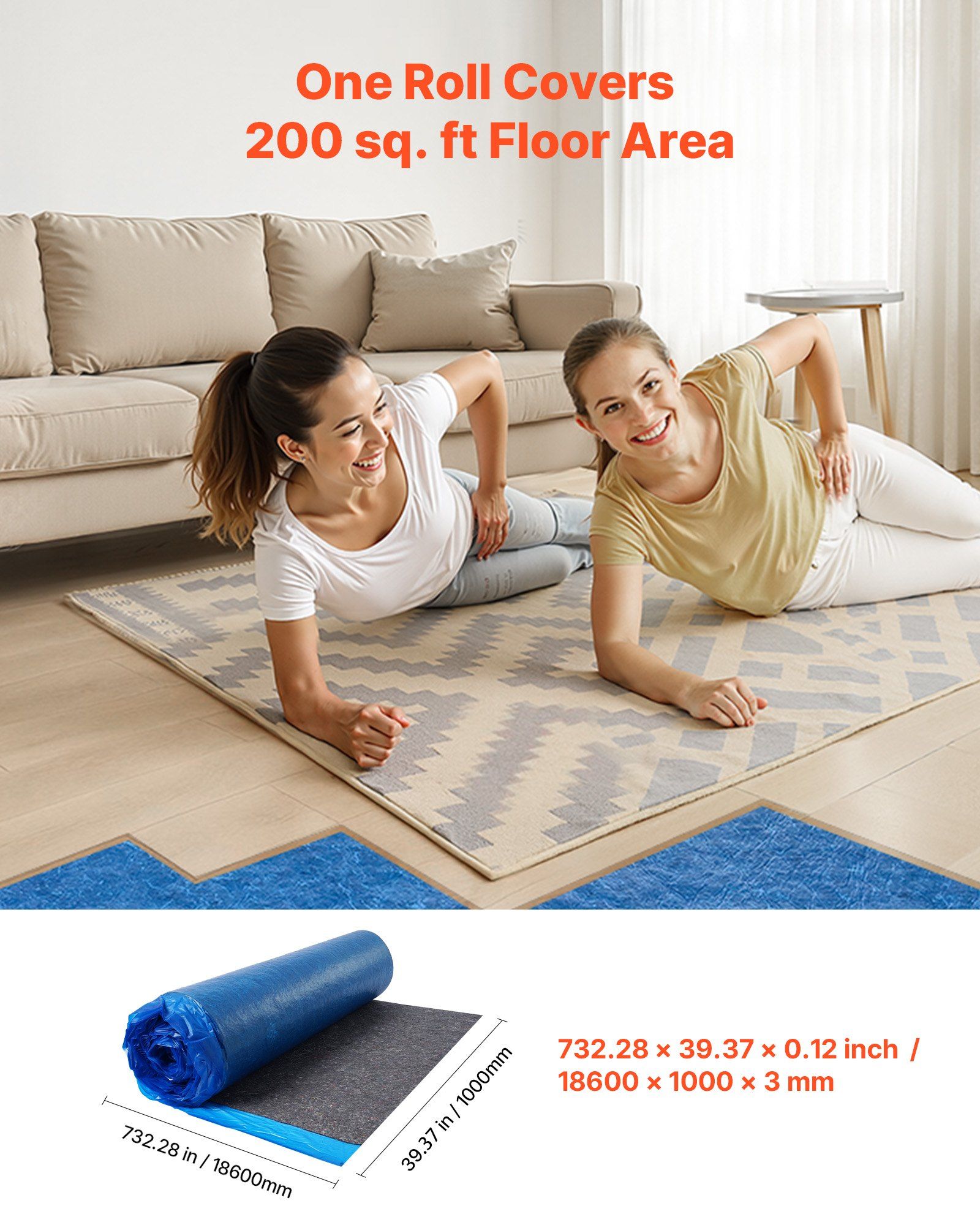 Floor Underlayment 37.2 m², 3mm Laminate Flooring Padding with Attached Vapor Barrier, Heavy Duty Fiber+PE Film, Soundproofing & Noise Reduction for Vinyl & Wood Floors(2 Rolls x 18.6 m²) - Image 2