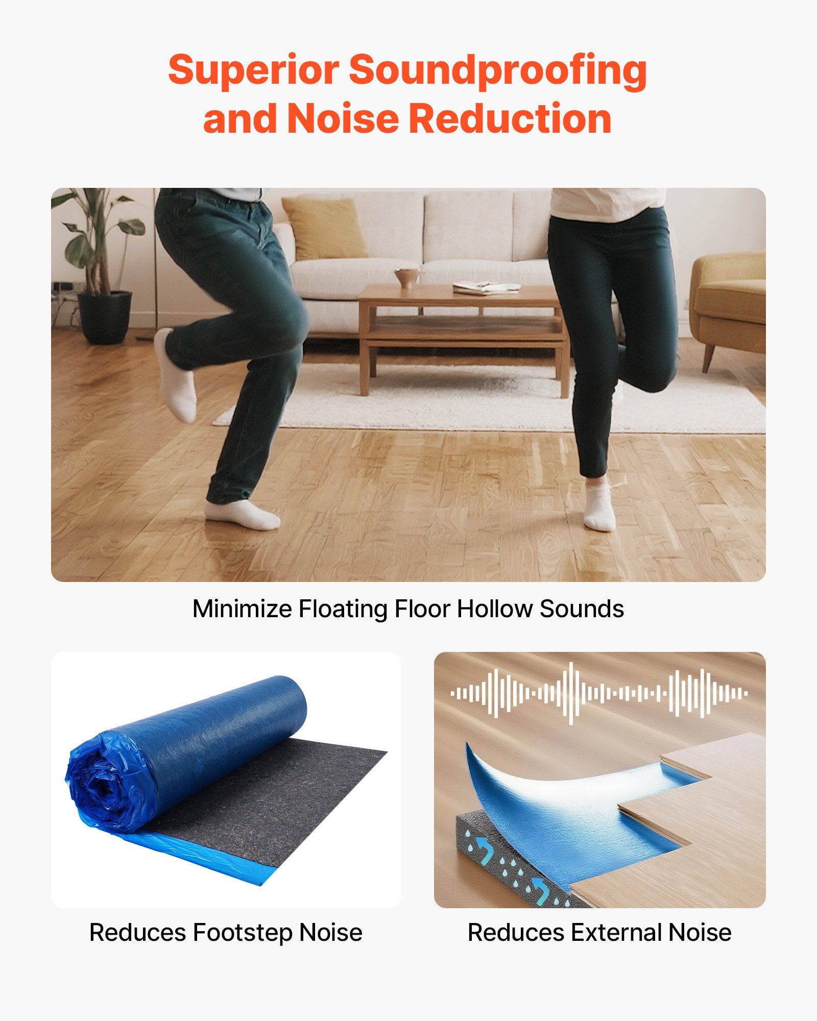 Floor Underlayment 37.2 m², 3mm Laminate Flooring Padding with Attached Vapor Barrier, Heavy Duty Fiber+PE Film, Soundproofing & Noise Reduction for Vinyl & Wood Floors(2 Rolls x 18.6 m²) - Image 4