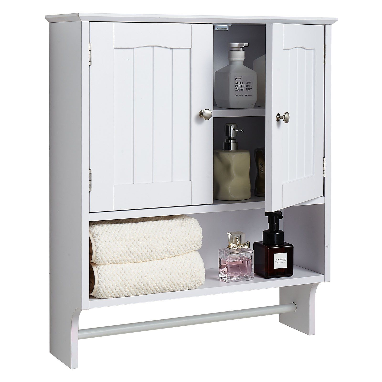 Bathroom Wall Cabinet, 2 Doors and Adjustable Shelf, Over the Toilet Storage Medicine Cabinet Wall Mounted, Hanging Organizer with Open Partition and Towel Bar for Laundry Room Kitchen, White - Image 1