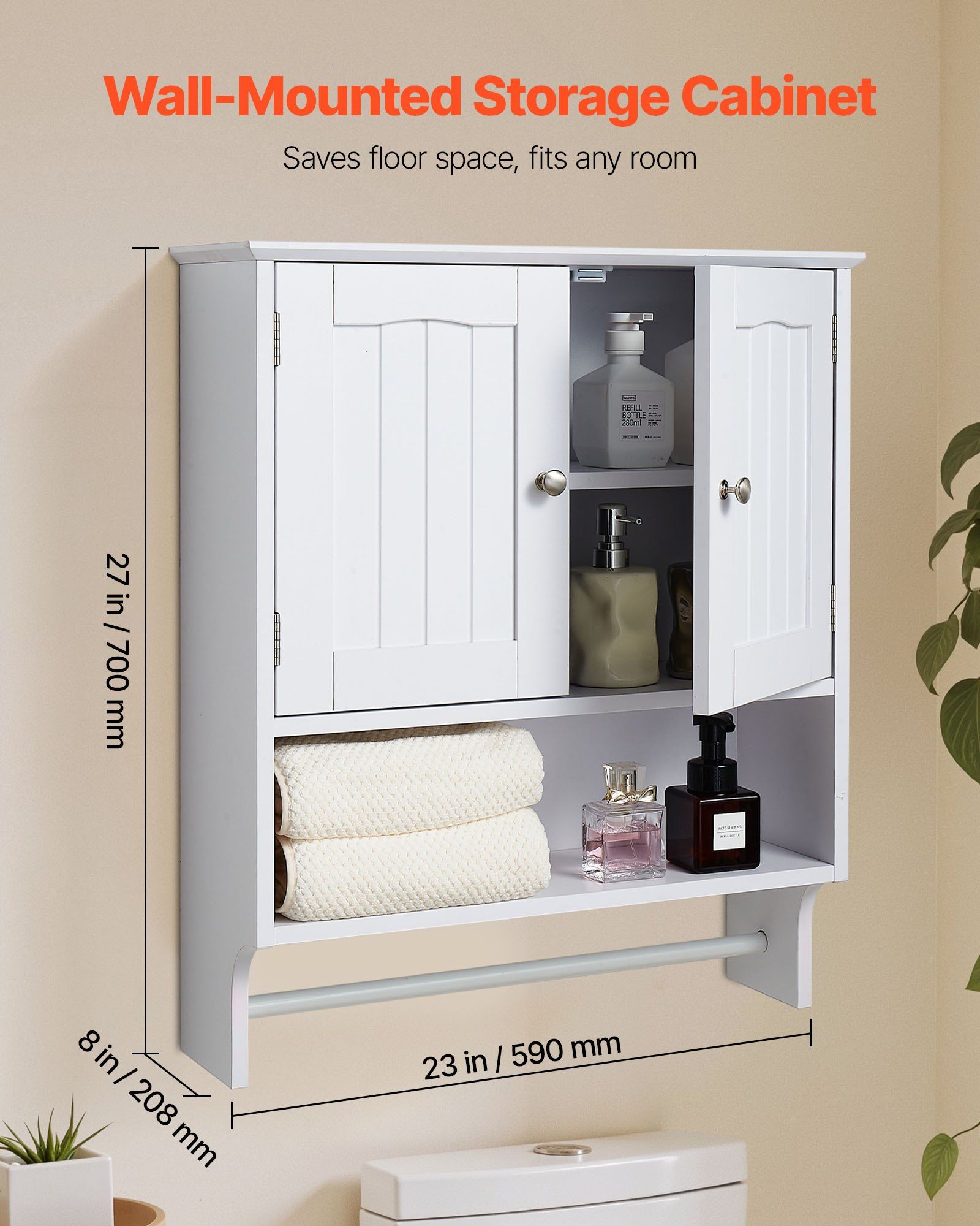 Bathroom Wall Cabinet, 2 Doors and Adjustable Shelf, Over the Toilet Storage Medicine Cabinet Wall Mounted, Hanging Organizer with Open Partition and Towel Bar for Laundry Room Kitchen, White - Image 2