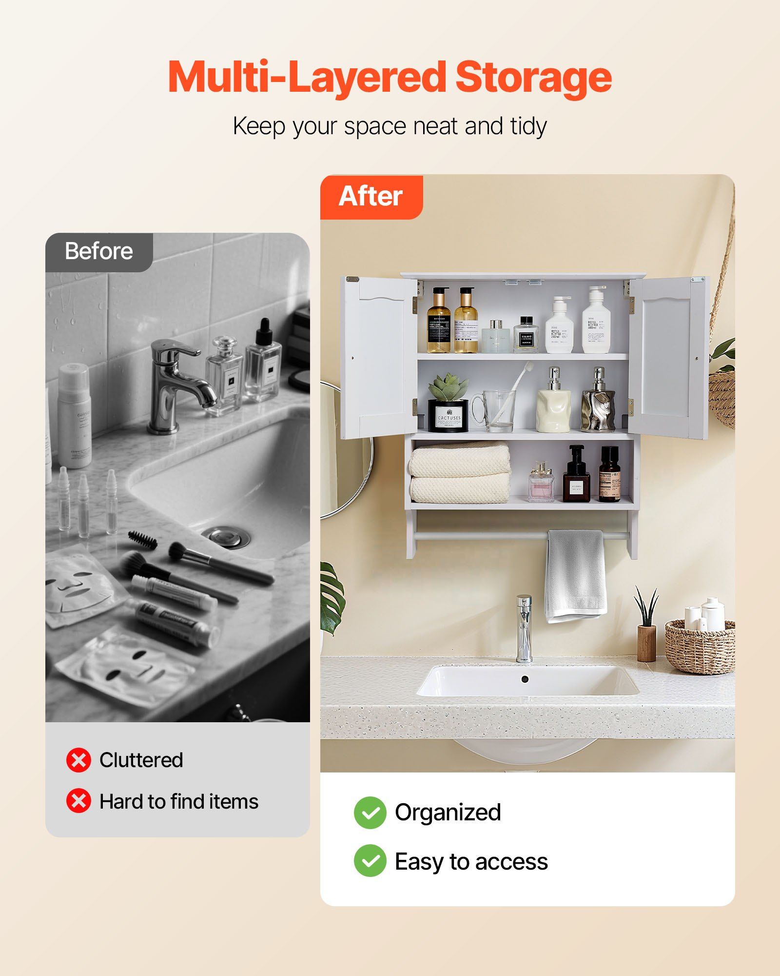 Bathroom Wall Cabinet, 2 Doors and Adjustable Shelf, Over the Toilet Storage Medicine Cabinet Wall Mounted, Hanging Organizer with Open Partition and Towel Bar for Laundry Room Kitchen, White - Image 3