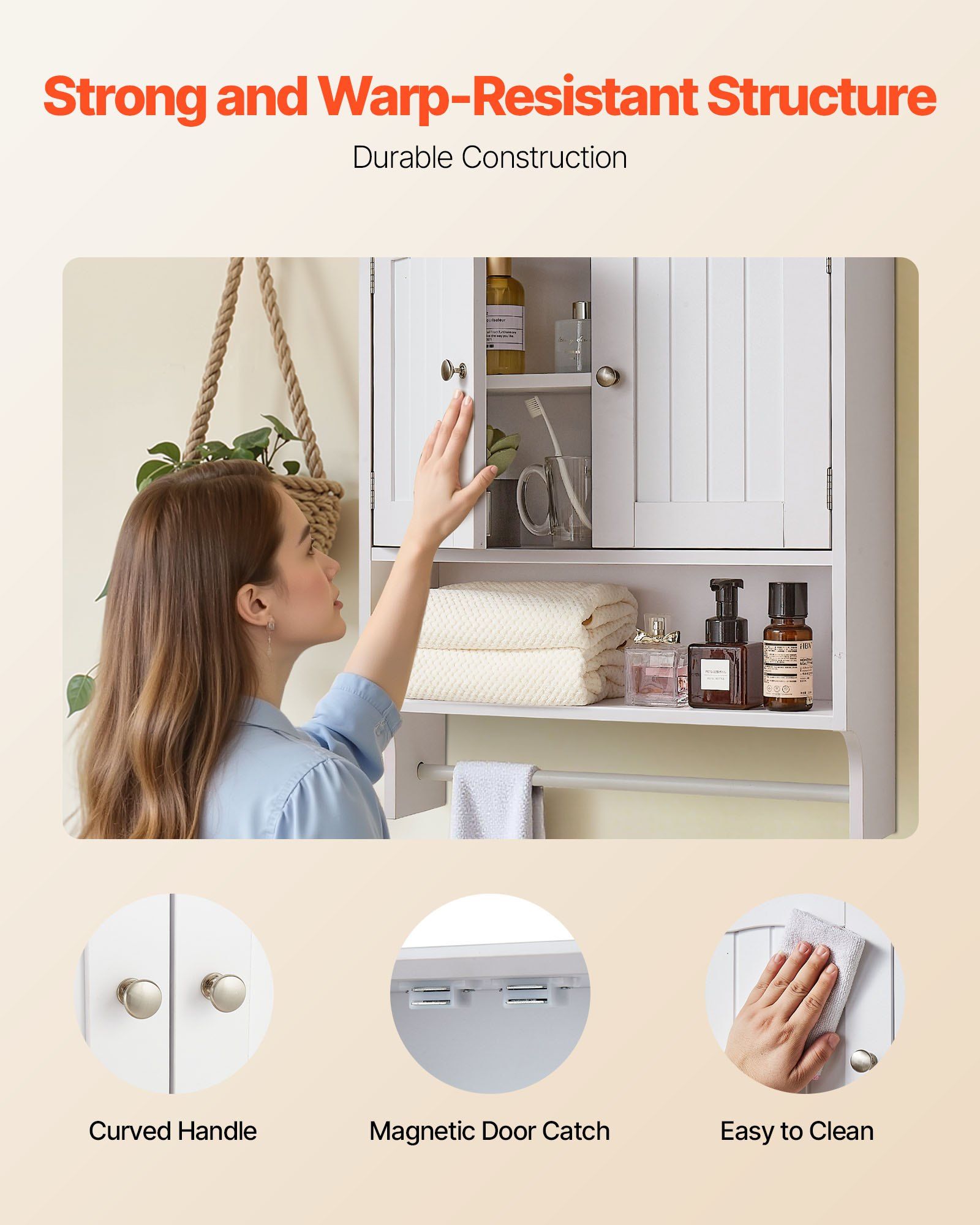Bathroom Wall Cabinet, 2 Doors and Adjustable Shelf, Over the Toilet Storage Medicine Cabinet Wall Mounted, Hanging Organizer with Open Partition and Towel Bar for Laundry Room Kitchen, White - Image 5