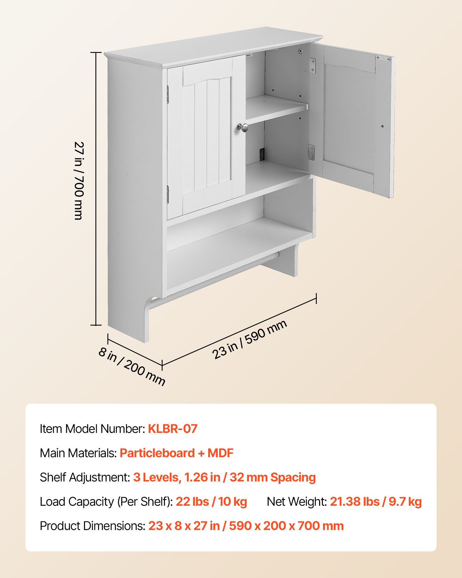 Bathroom Wall Cabinet, 2 Doors and Adjustable Shelf, Over the Toilet Storage Medicine Cabinet Wall Mounted, Hanging Organizer with Open Partition and Towel Bar for Laundry Room Kitchen, White - Image 7