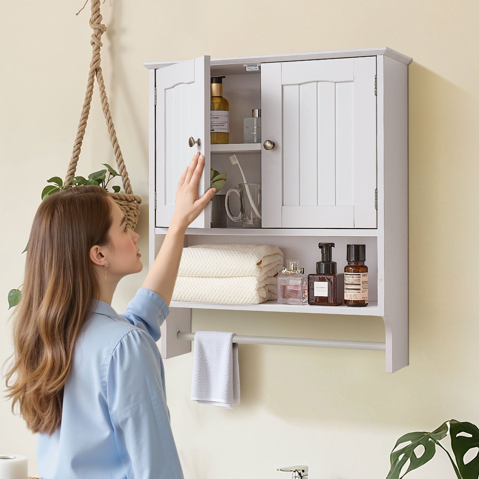 Bathroom Wall Cabinet, 2 Doors and Adjustable Shelf, Over the Toilet Storage Medicine Cabinet Wall Mounted, Hanging Organizer with Open Partition and Towel Bar for Laundry Room Kitchen, White - Image 8