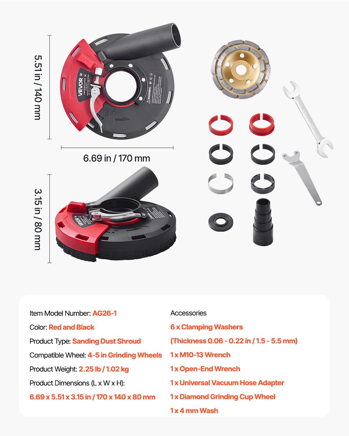 Grinding Dust Shroud for Angle Grinder, Universal 100-125mm, Surface Grinder Dust Shroud with 6 Clamping Washers & 125 mm Diamond Grinding Cup Wheel, Connect to Vacuum Cleaner, for Wood Concrete - Image 7