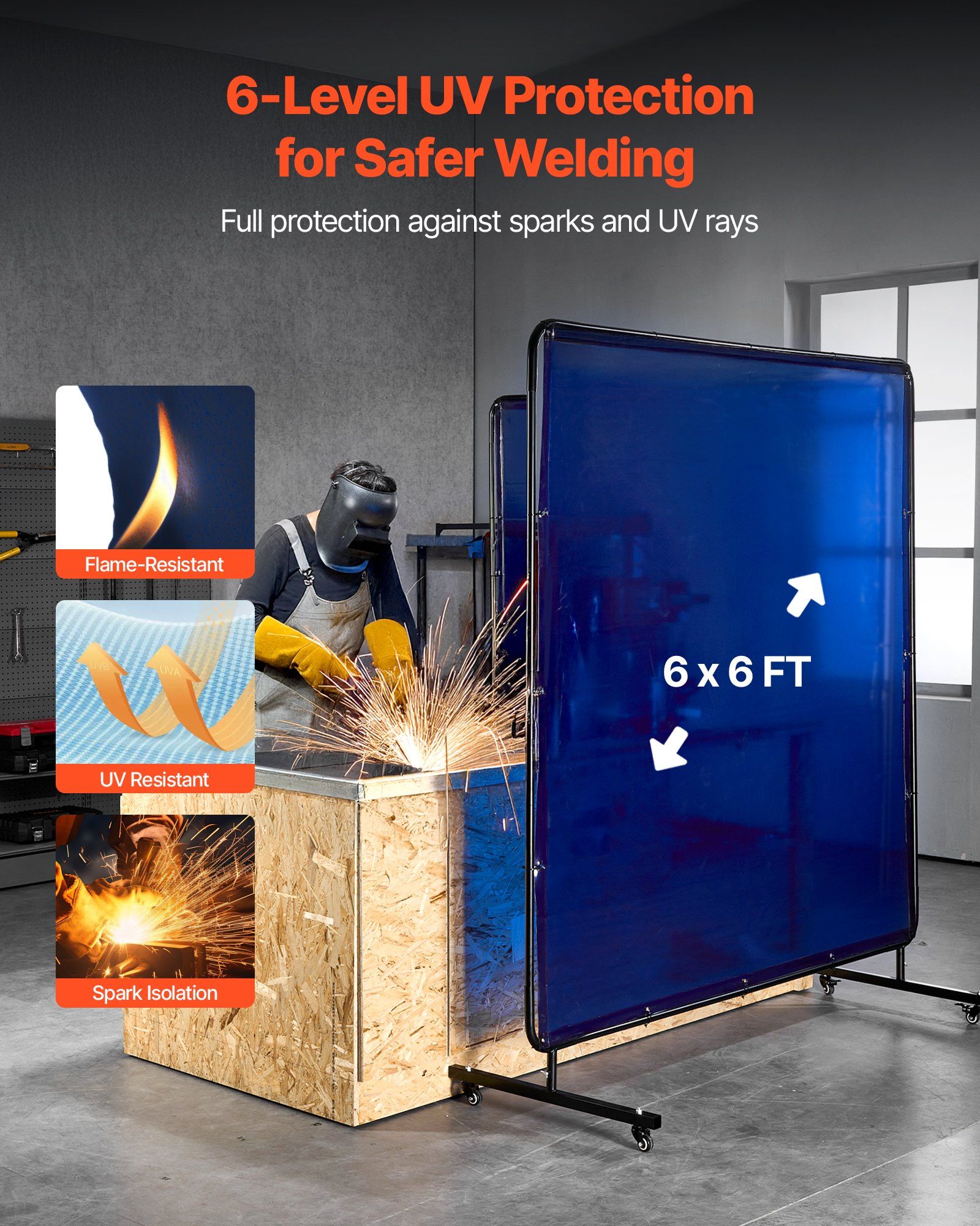 Welding Screen with Frame, 1.74 x 1.74 m Welding Curtain Screen, Flame-Resistant Vinyl Protection Screens with Lockable Swivel Wheels & 6-Level UV Protection for Workshop/Industrial Use, Blue - Image 2