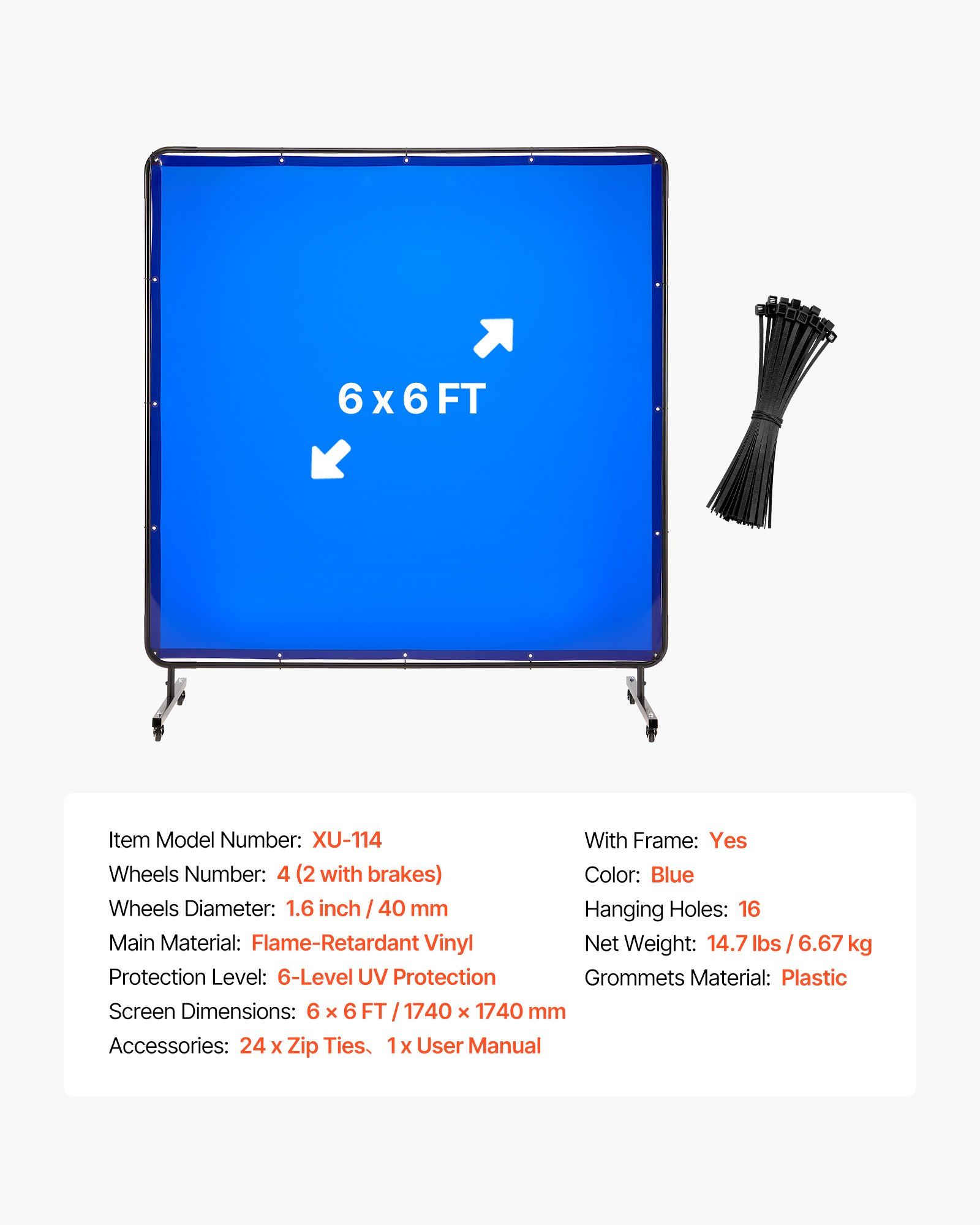 Welding Screen with Frame, 1.74 x 1.74 m Welding Curtain Screen, Flame-Resistant Vinyl Protection Screens with Lockable Swivel Wheels & 6-Level UV Protection for Workshop/Industrial Use, Blue - Image 7