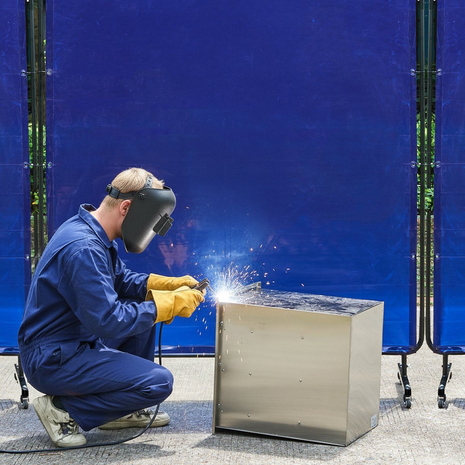 Welding Screen with Frame, 1.74 x 1.74 m Welding Curtain Screen, Flame-Resistant Vinyl Protection Screens with Lockable Swivel Wheels & 6-Level UV Protection for Workshop/Industrial Use, Blue - Image 8