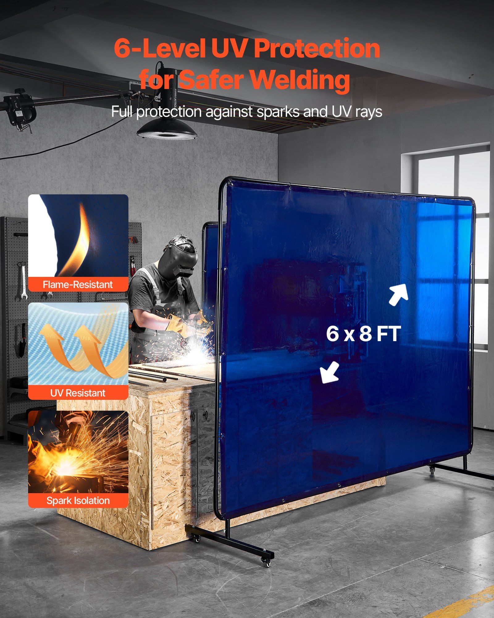 Welding Screen with Frame, 1.74 x 2.34m Welding Curtain Screen, Flame-Resistant Vinyl Protection Screens with Lockable Swivel Wheels & 6-Level UV Protection for Workshop/Industrial Use, Blue - Image 2