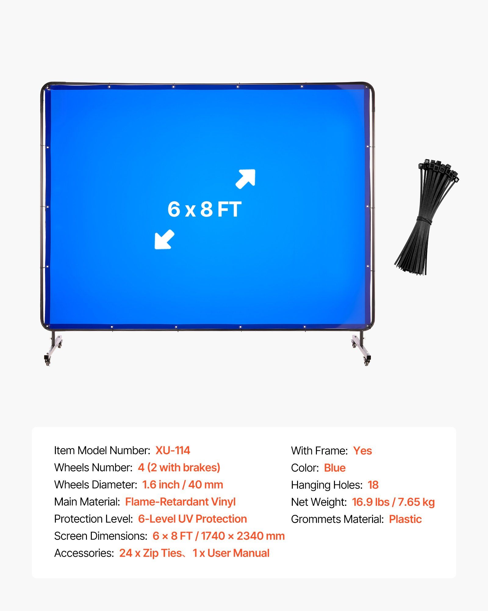 Welding Screen with Frame, 1.74 x 2.34m Welding Curtain Screen, Flame-Resistant Vinyl Protection Screens with Lockable Swivel Wheels & 6-Level UV Protection for Workshop/Industrial Use, Blue - Image 7