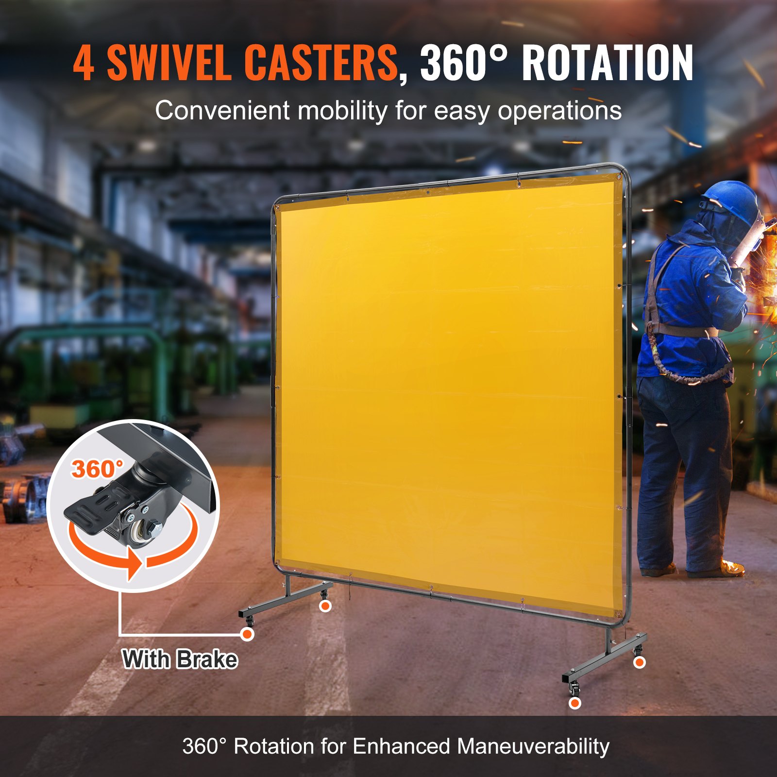 Welding Screen with Frame, 6' x 6' Welding Curtain Screen, Flame-Resistant Vinyl Welding Protection Screen on 4 Swivel Wheel (2 Lockable), Moveable & Professional for Workshop/Industrial, Yellow - Image 3