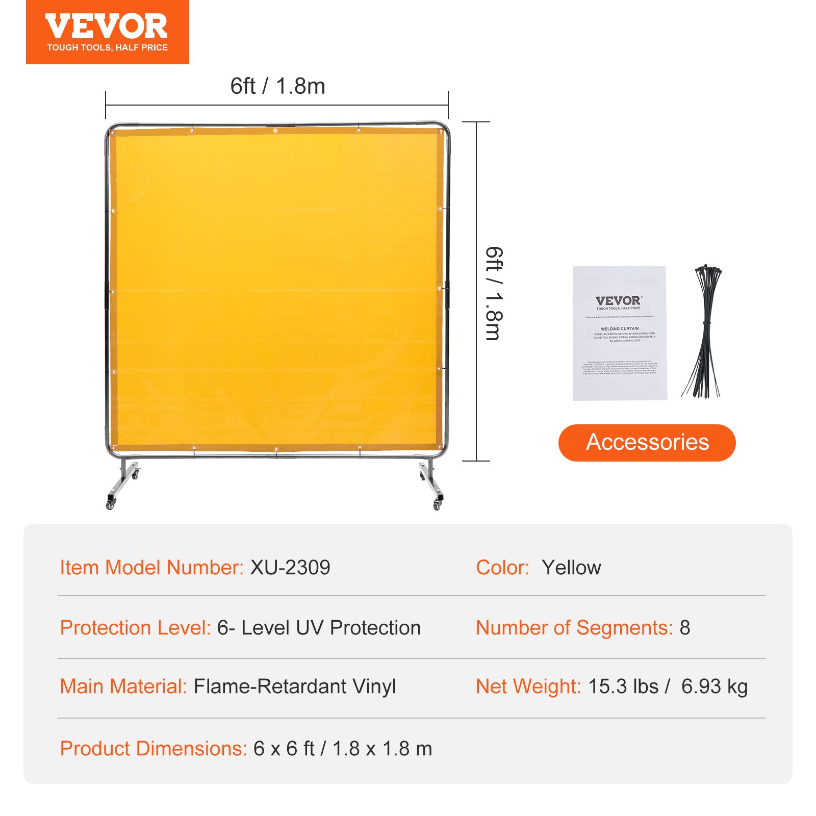 Welding Screen with Frame, 6' x 6' Welding Curtain Screen, Flame-Resistant Vinyl Welding Protection Screen on 4 Swivel Wheel (2 Lockable), Moveable & Professional for Workshop/Industrial, Yellow - Image 7
