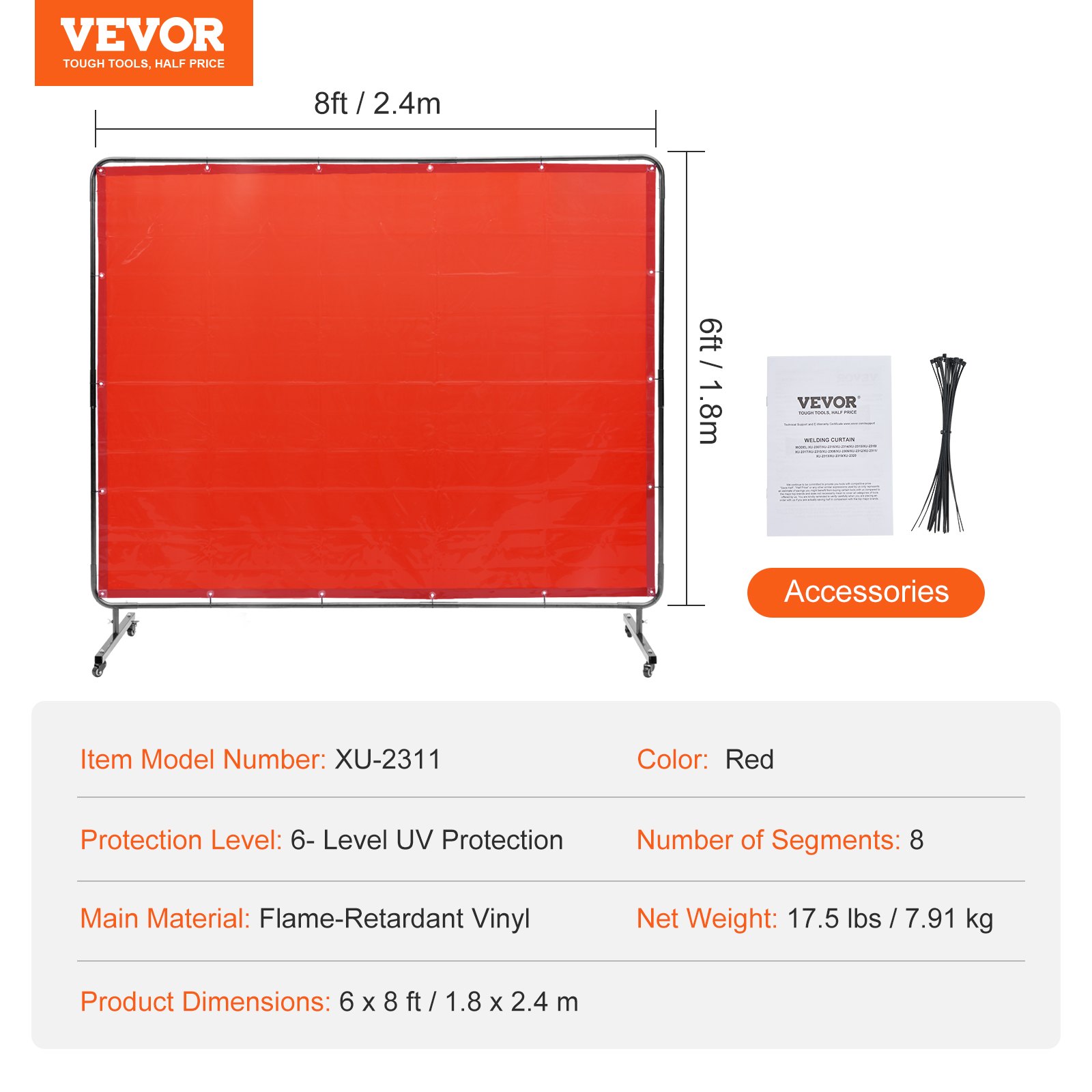 Welding Screen with Frame, 6' x 8' Welding Curtain Screen, Flame-Resistant Vinyl Welding Protection Screen on 4 Swivel Wheels (2 Lockable), Moveable & Professional for Workshop/Industrial, Red - Image 7