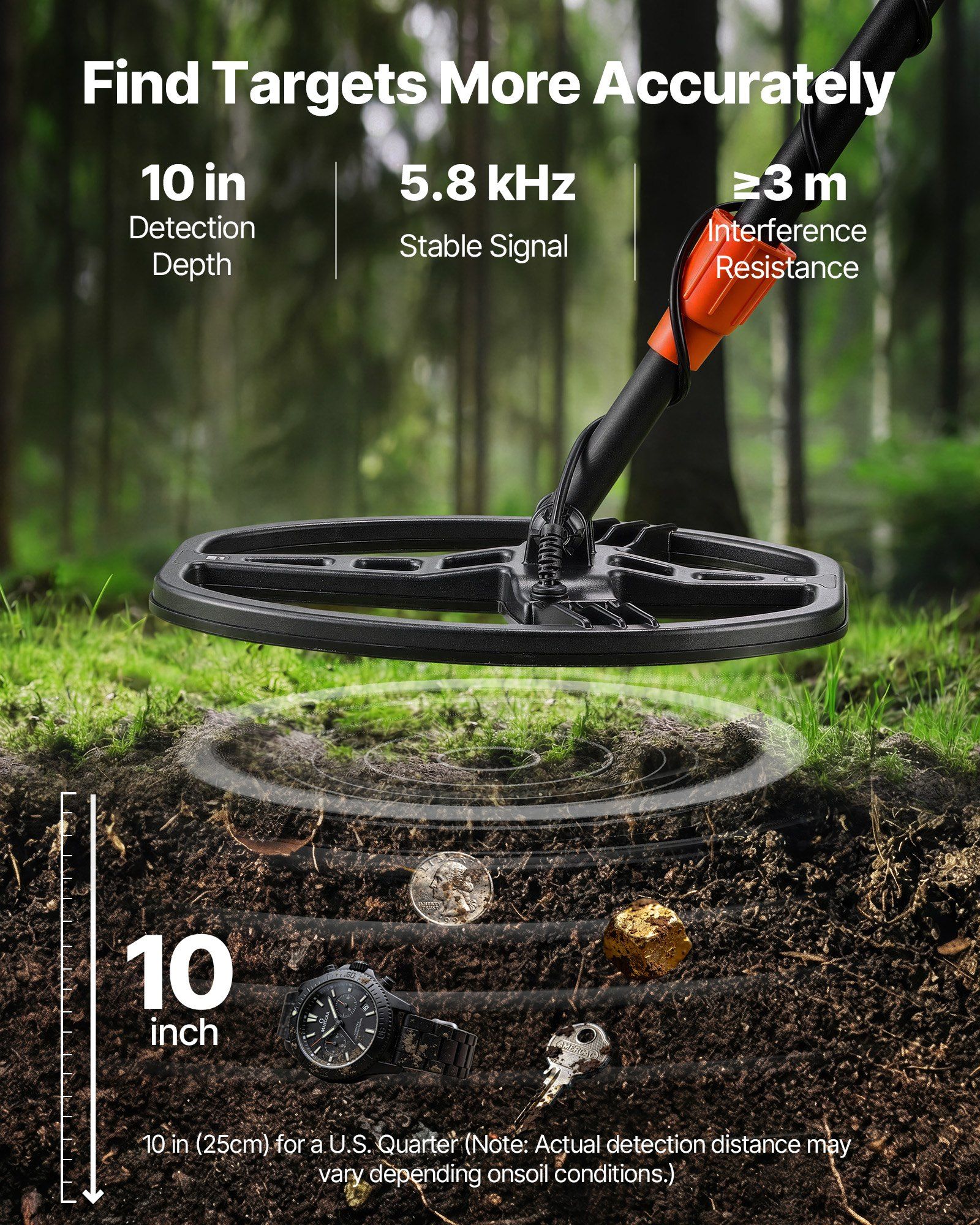 Metal Detector for Adults, 254 mm, Professional High Accuracy Gold Detector, IP68 Waterproof Search Coil with Display, Headphones, 5 Modes, Adjustable Length, for Detecting Gold Treasure Hunting - Image 2