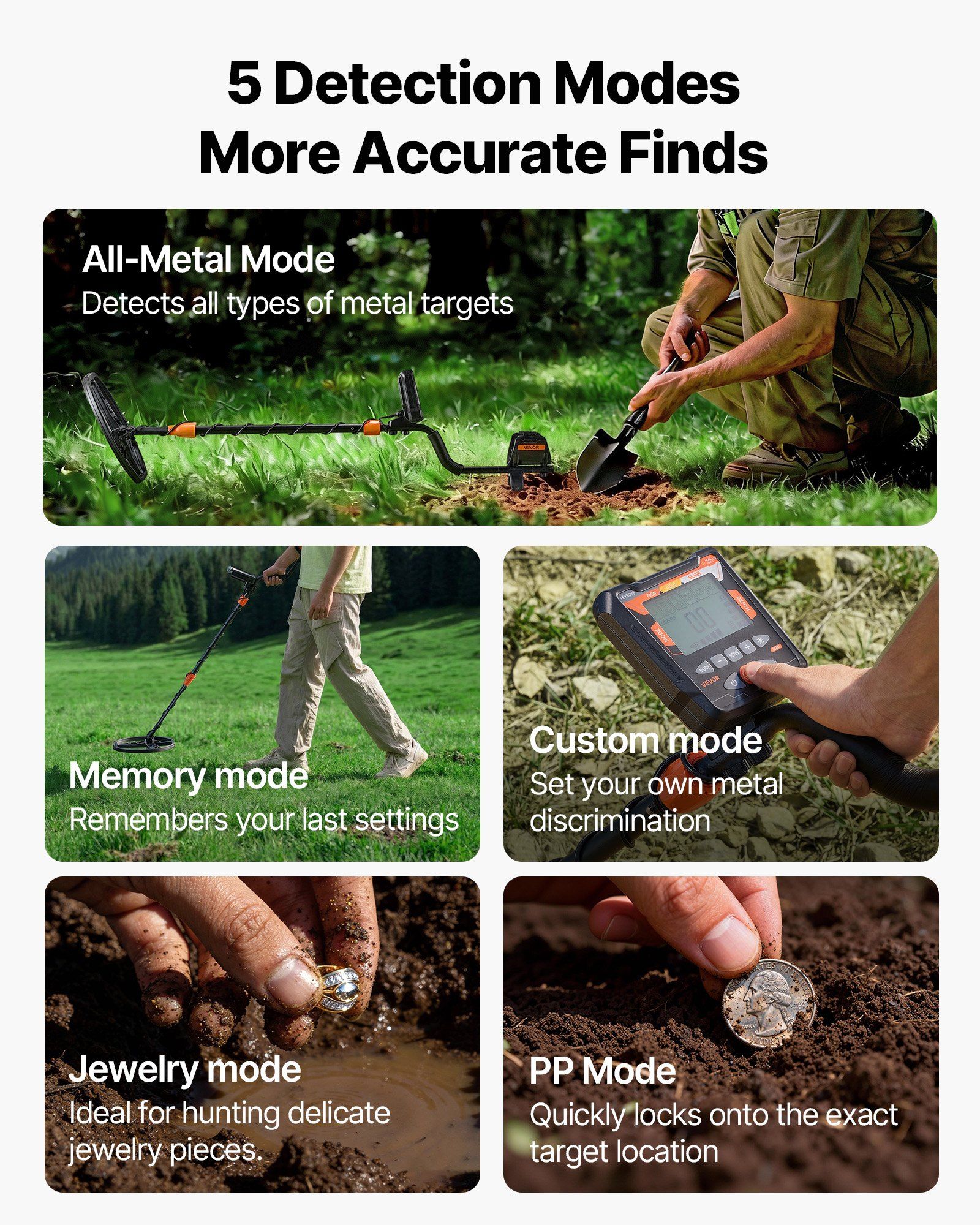 Metal Detector for Adults, 254 mm, Professional High Accuracy Gold Detector, IP68 Waterproof Search Coil with Display, Headphones, 5 Modes, Adjustable Length, for Detecting Gold Treasure Hunting - Image 3