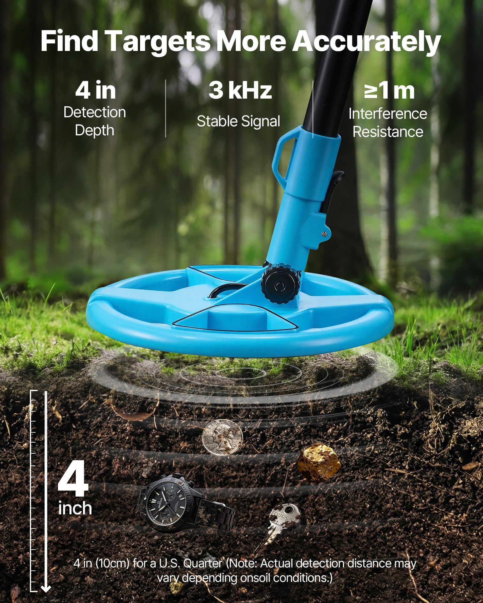 Metal Detector, 101.6 mm, Lightweight Metal Detector with LCD Display, 152.4 mm IP68 Waterproof Search Coil, Adjustable 650-930 mm Gold Detector, Easy to Use, for Detecting Gold Exploration - Image 2