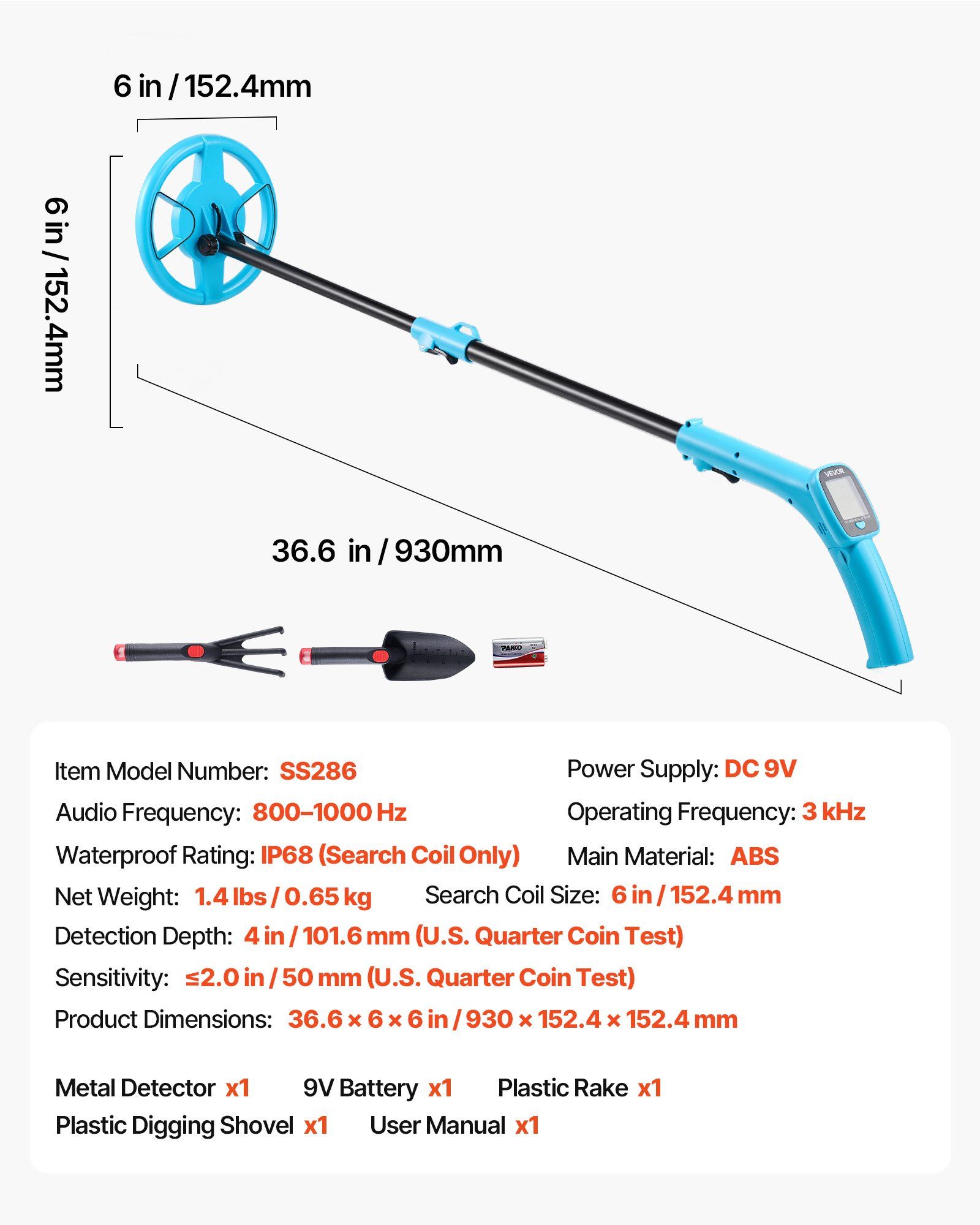 Metal Detector, 101.6 mm, Lightweight Metal Detector with LCD Display, 152.4 mm IP68 Waterproof Search Coil, Adjustable 650-930 mm Gold Detector, Easy to Use, for Detecting Gold Exploration - Image 7