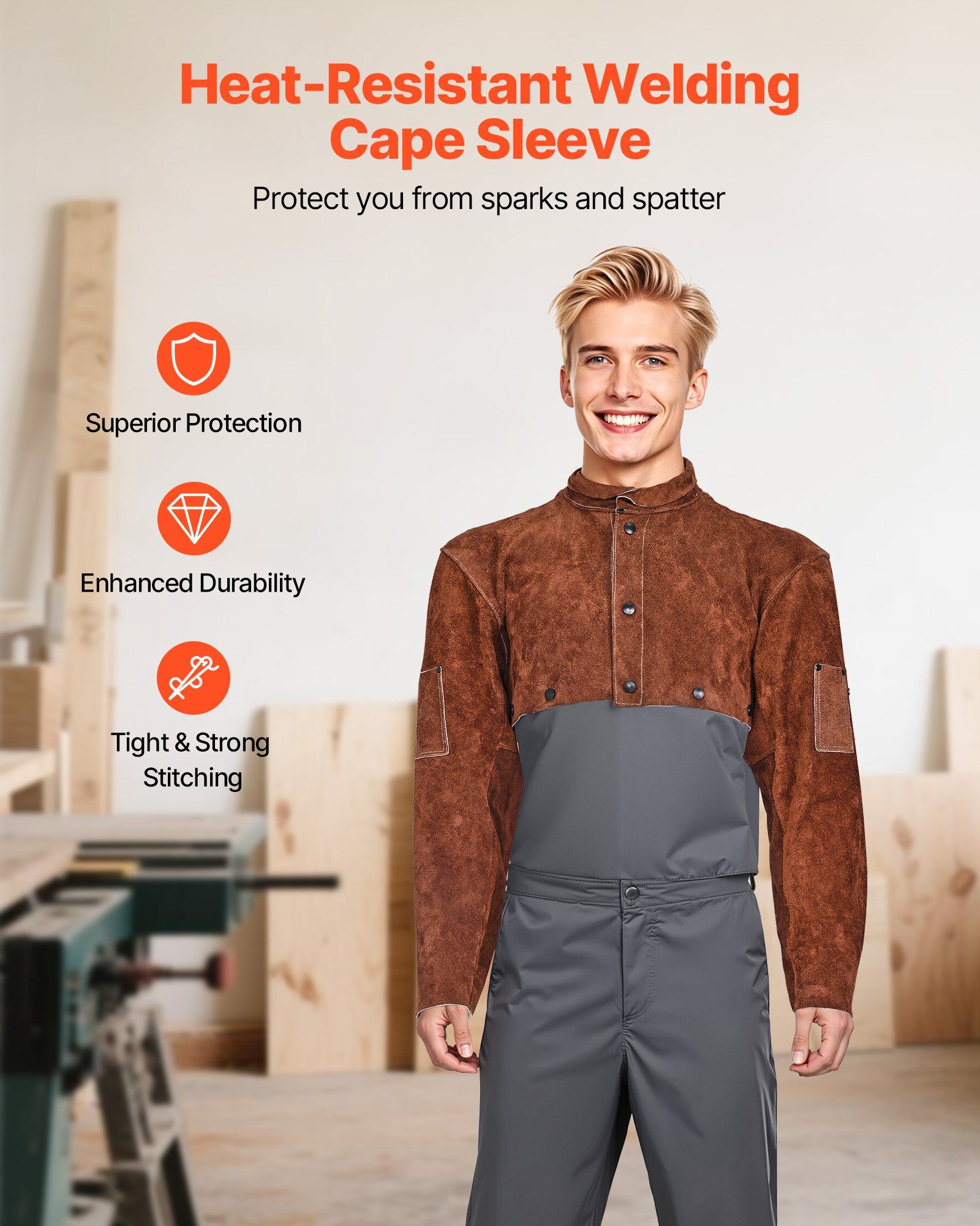 Leather Welding Cape Sleeve, Heavy Duty Flame Resistant Cowhide Safety Cape Sleeves for Men Women, Heat-Resistant for Welding, Blacksmithing, Woodworking, Gardening, XL-Size - Image 2