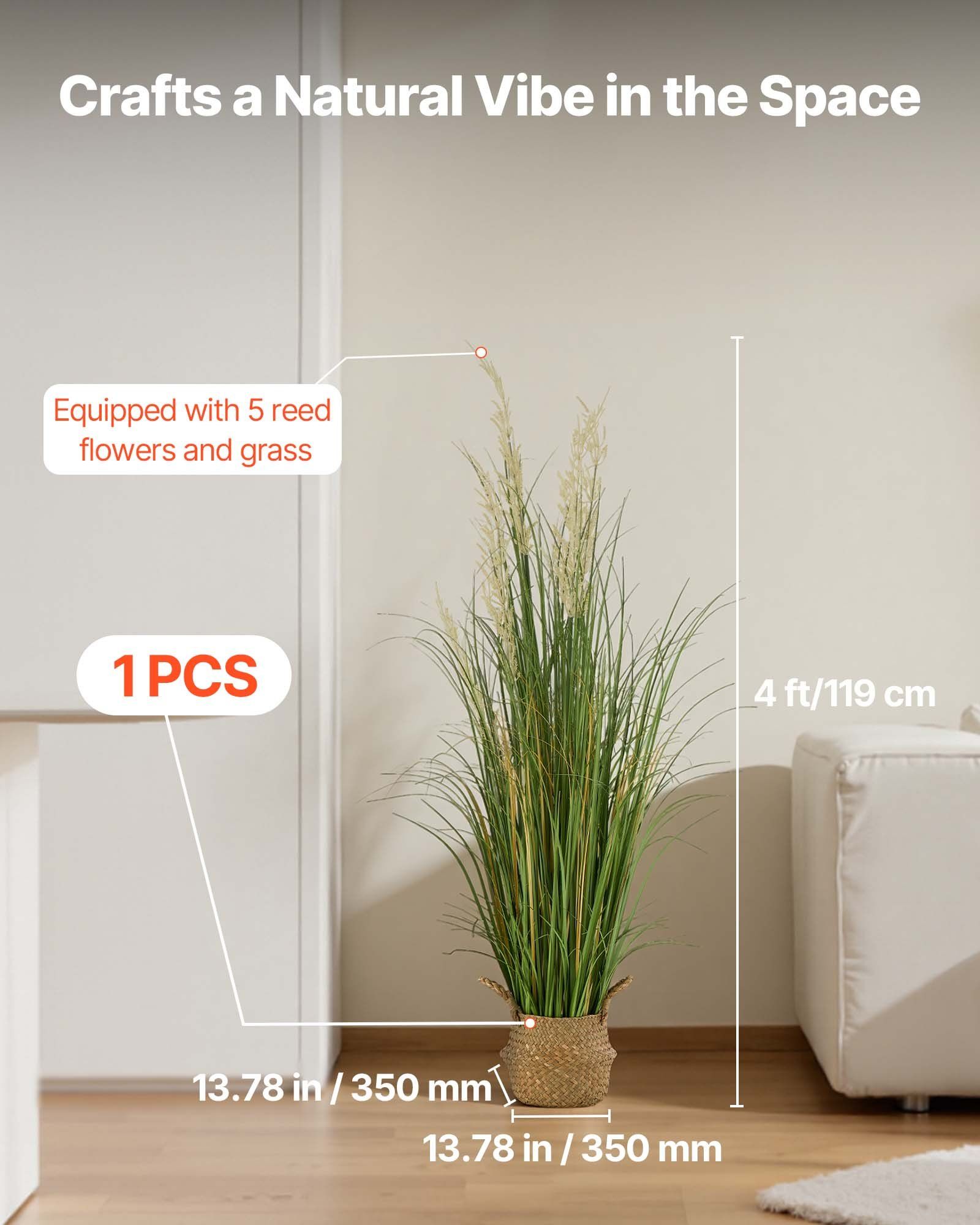 Artificial Grass Plant, 1194mm Reed Flower Grass in Pot, Premium PVC Faux Fake Greenery Shrubs Plant for Indoor Outdoor House Home Garden Office Room Décor, Housewarming, 1 Pack Green - Image 2