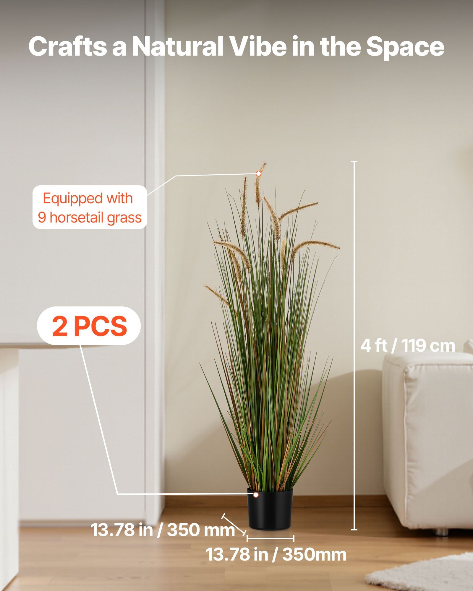 Artificial Grass Plant, 2 Pack 1194mm Horsetail Reed Grass in Pot, Premium PVC Faux Fake Greenery Shrubs Plant for Indoor Outdoor House Home Garden Office Room Décor, Housewarming, Green - Image 2
