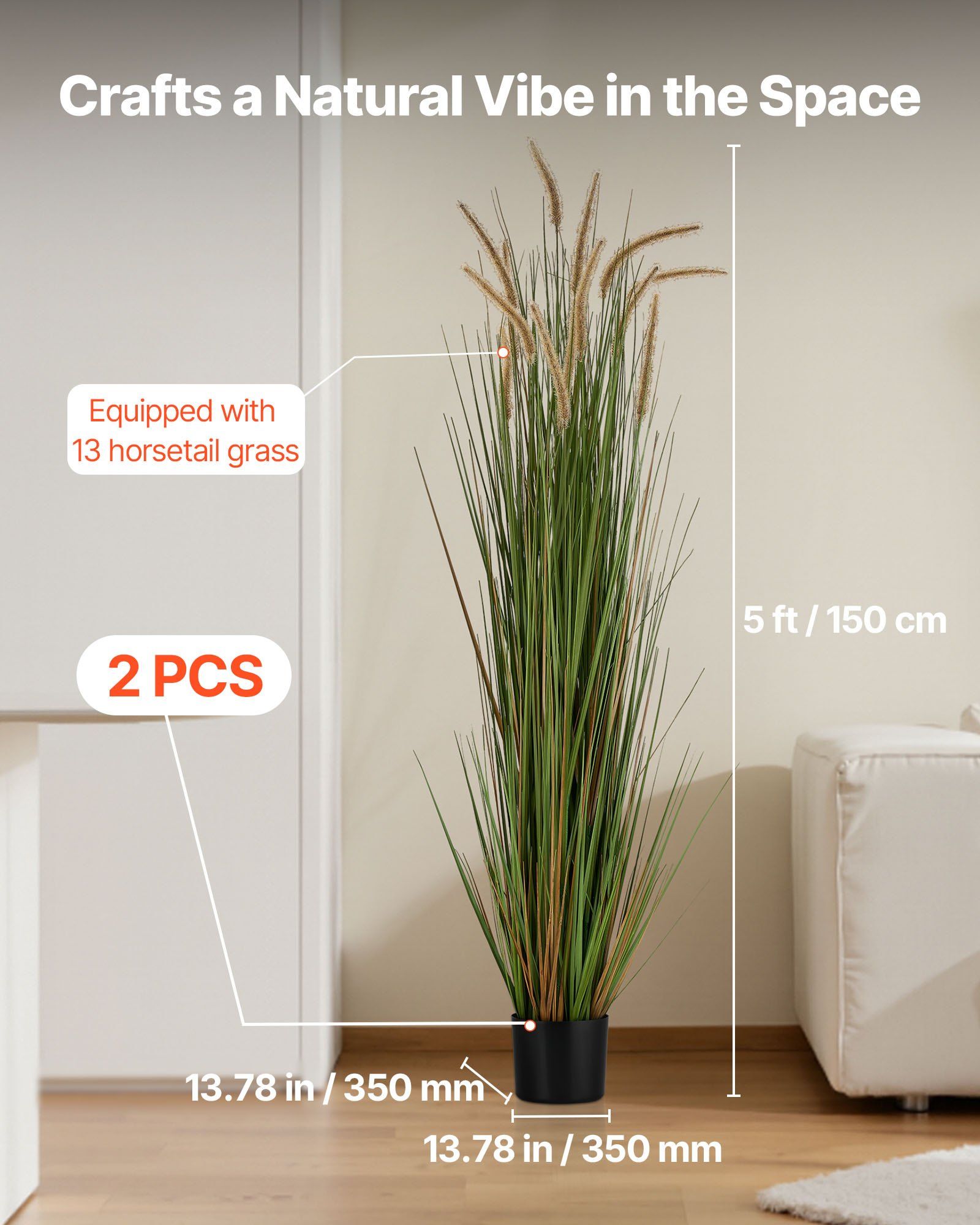 Artificial Grass Plant, 2 Pack 1499mm Horsetail Reed Grass in Pot, Premium PVC Faux Fake Greenery Shrubs Plant for Indoor Outdoor House Home Garden Office Room Décor, Housewarming, Green - Image 2