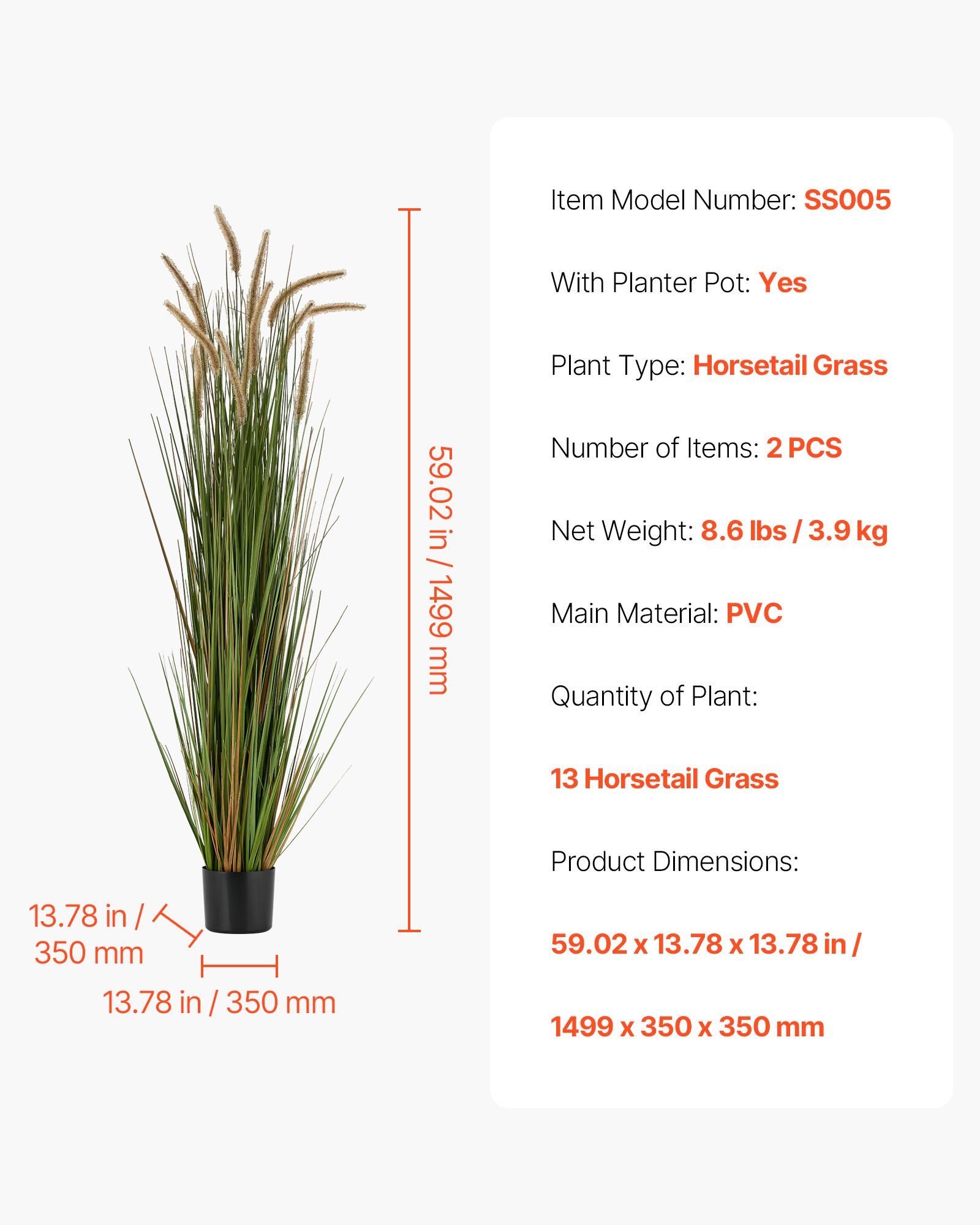 Artificial Grass Plant, 2 Pack 1499mm Horsetail Reed Grass in Pot, Premium PVC Faux Fake Greenery Shrubs Plant for Indoor Outdoor House Home Garden Office Room Décor, Housewarming, Green - Image 7